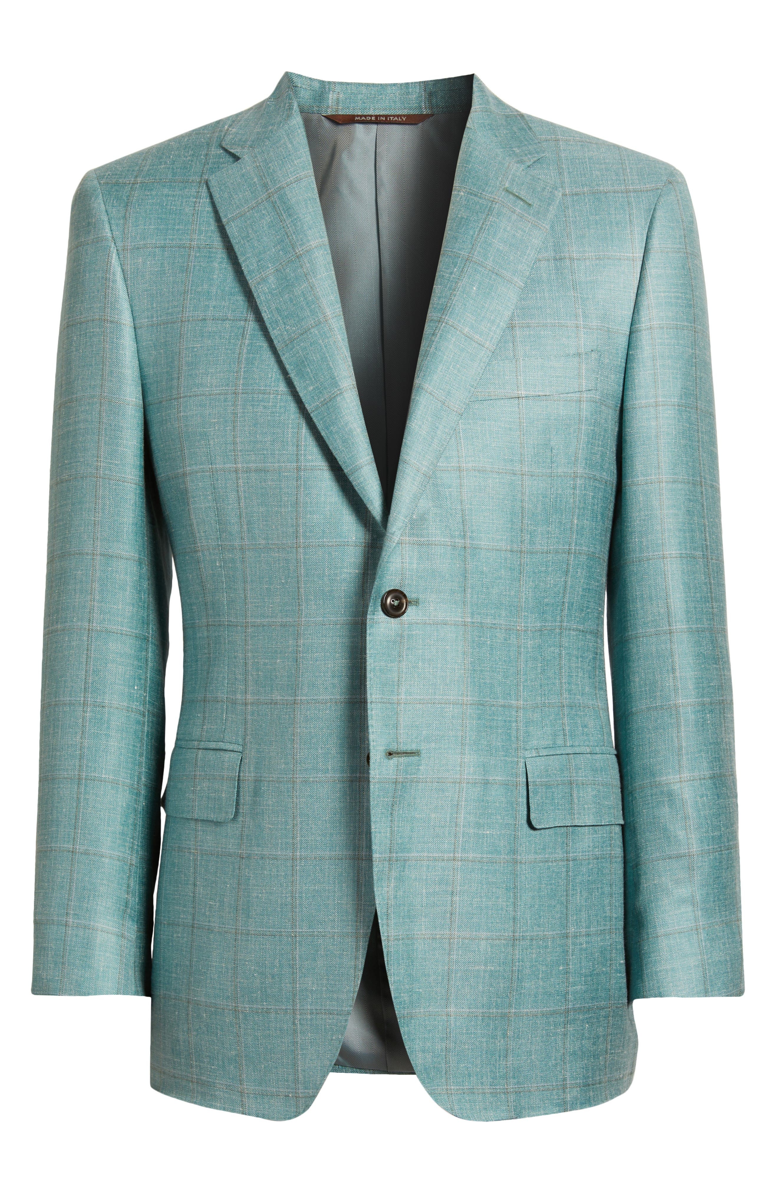 Canali Siena Regular Fit Green Windowpane Check Cashmere & Linen Blend Sport Coat in Bright Green at - 6