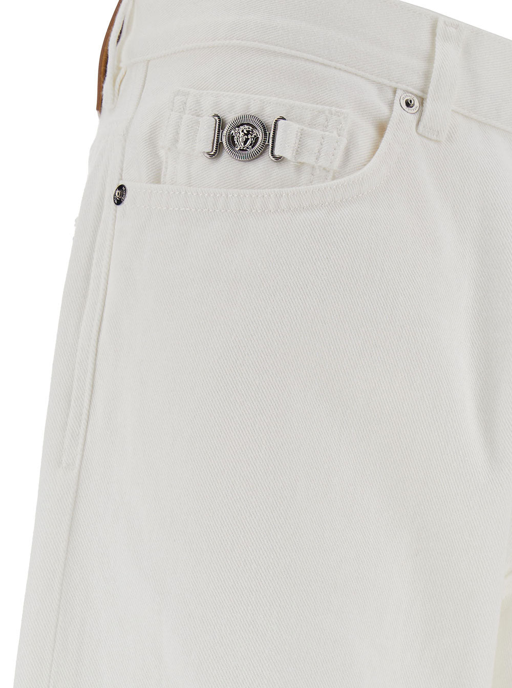 Versace Men White Five-Pocket Jeans With Logo Patch In Cotton Denim Man - 3