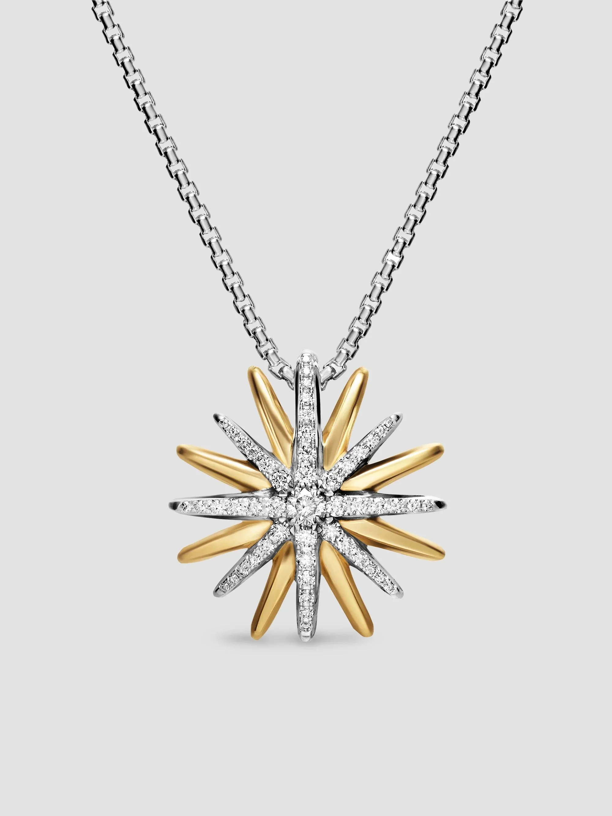 Women's Starburst Necklace in Sterling Silver with 18K Yellow Gold with Diamonds, 21MM - Silver Mult - 1