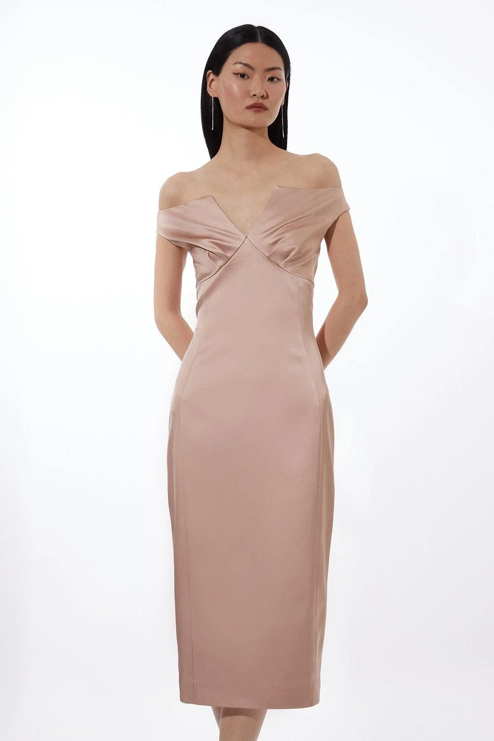 Italian Satin Tailored Off Shoulder Panelled Midi Dress - 1