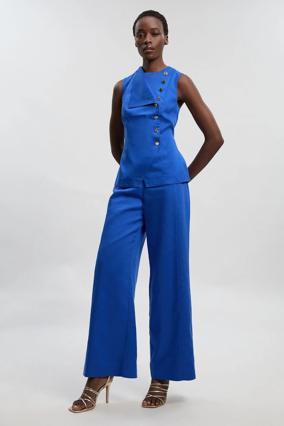 Tailored Linen Button Front Wide Leg Trouser - 1