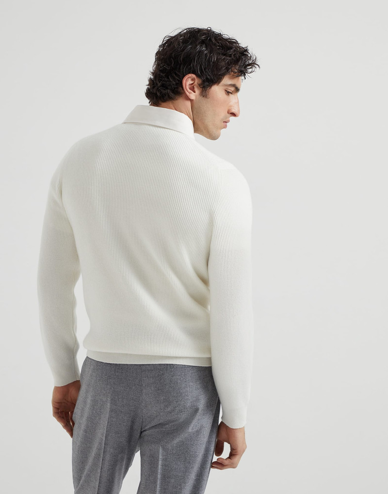 Brunello Cucinelli Cashmere English rib knit polo shirt with twill spread collar outlook