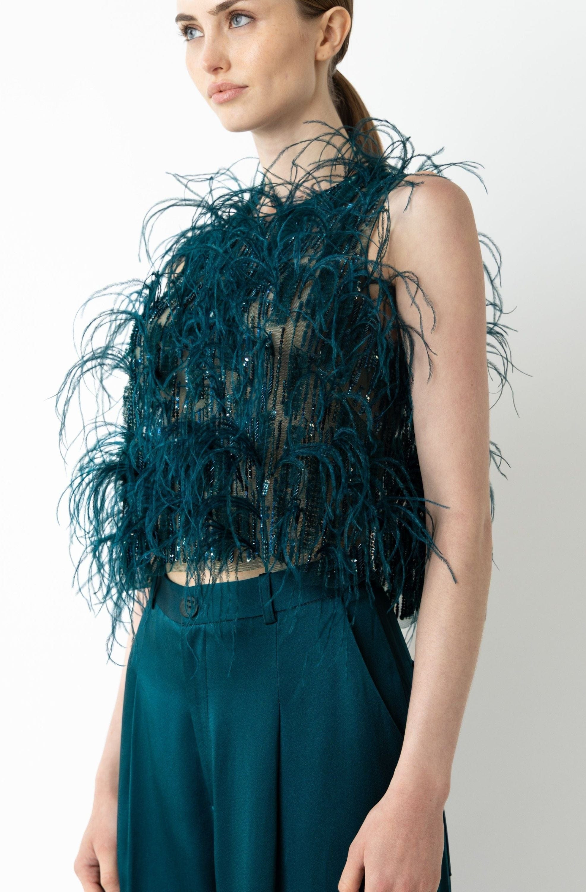 Cascading Feather Embellished Cropped Tank - 4