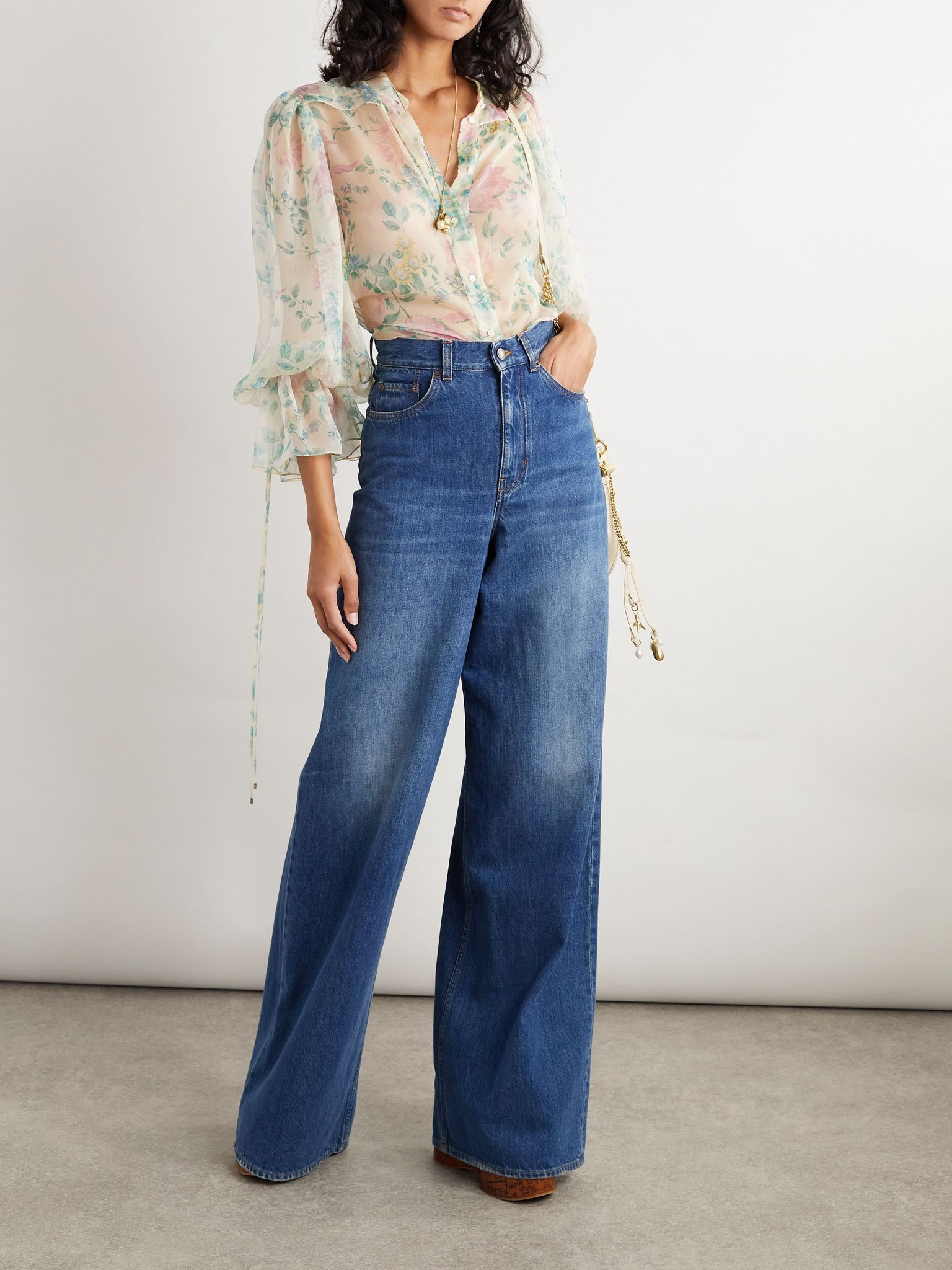 Ruffled floral-print silk-chiffon shirt Beige - 2