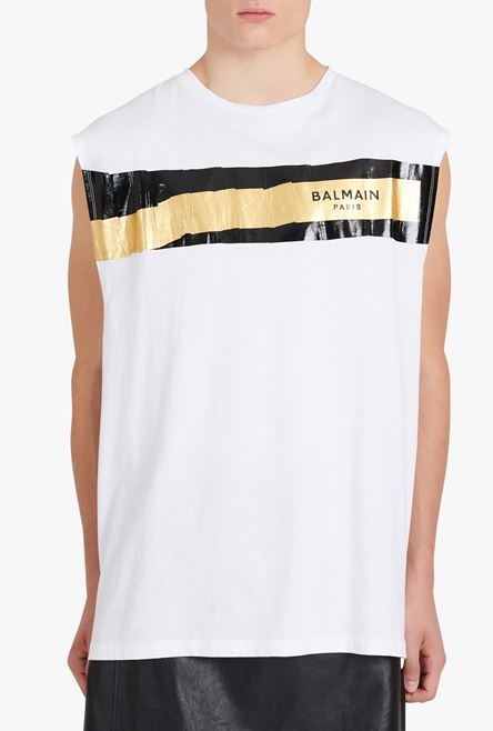 White eco-designed cotton T-shirt with black and gold Balmain logo print - 5