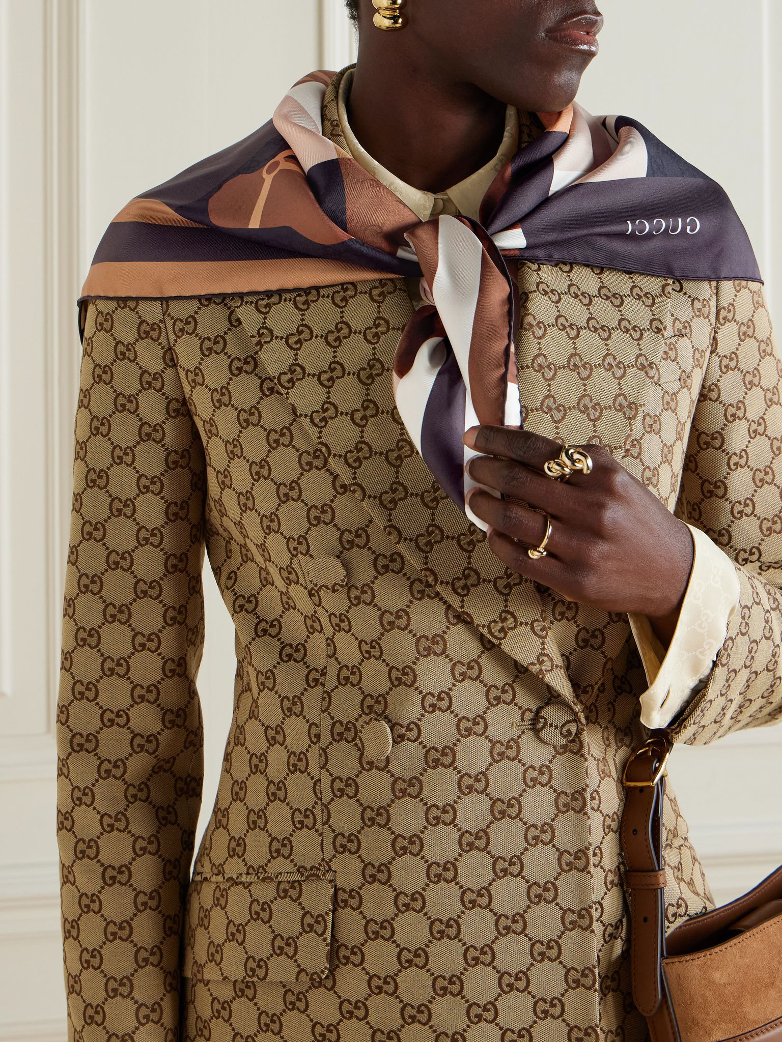 Equestrian printed silk-twill scarf Brown - 2