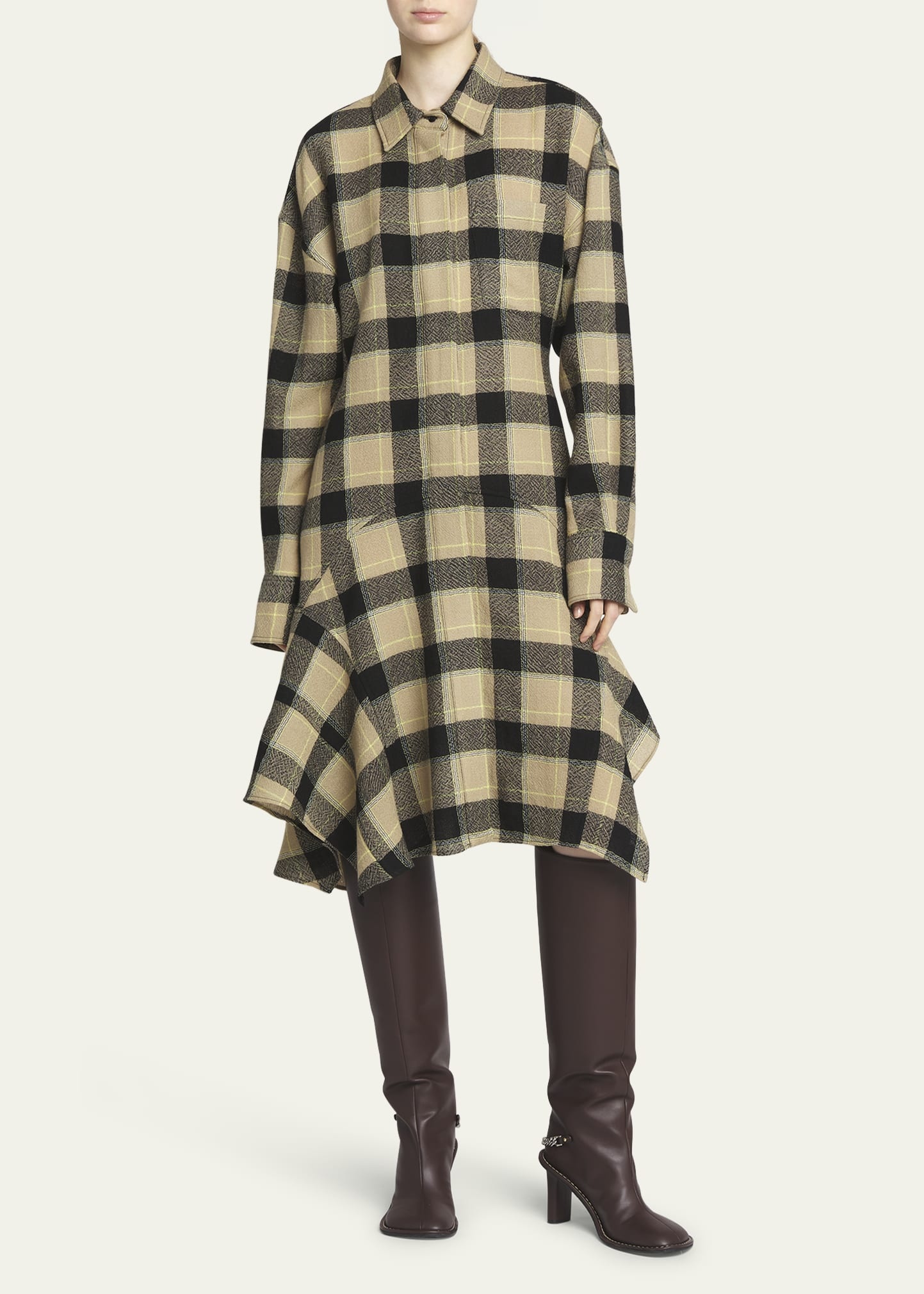 Plaid Wool Asymmetric Midi Shirtdress - 2