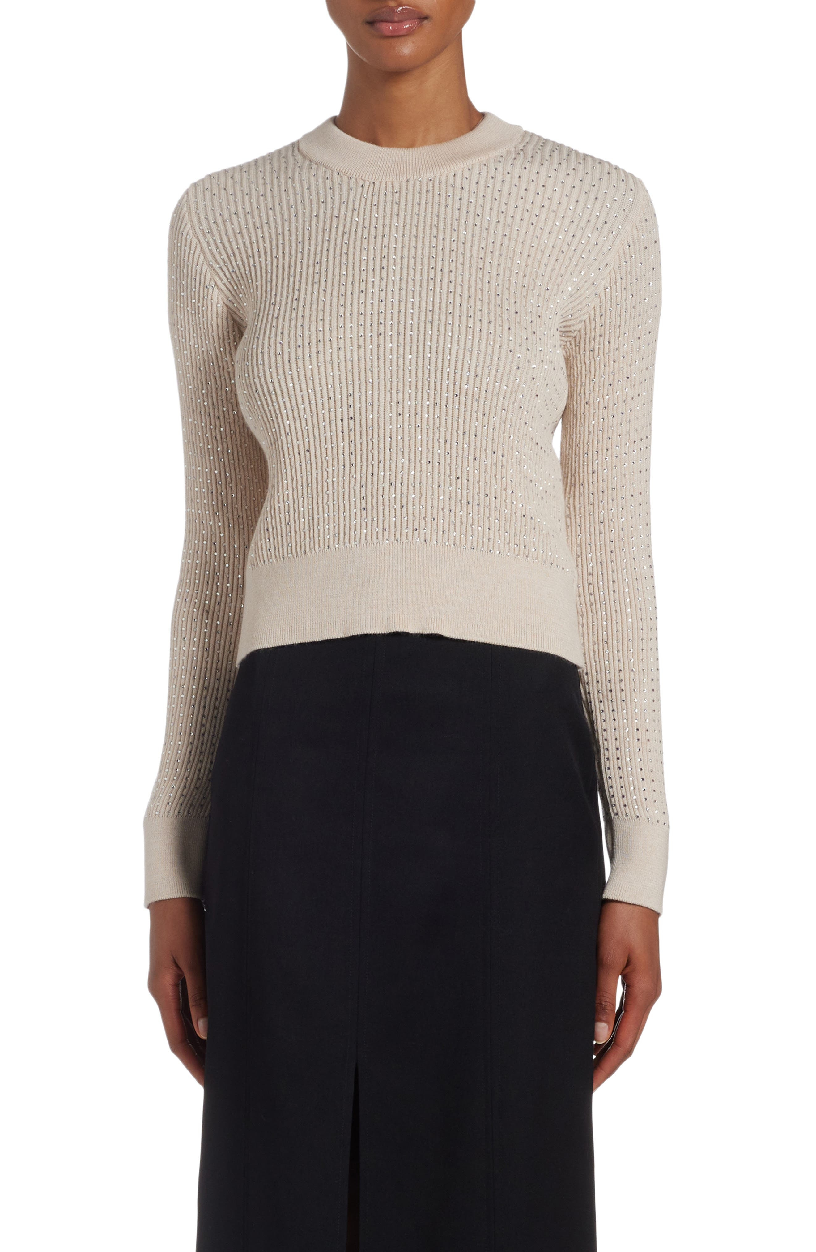 Crystal Embellished Virgin Wool Rib Crewneck Sweater - 1