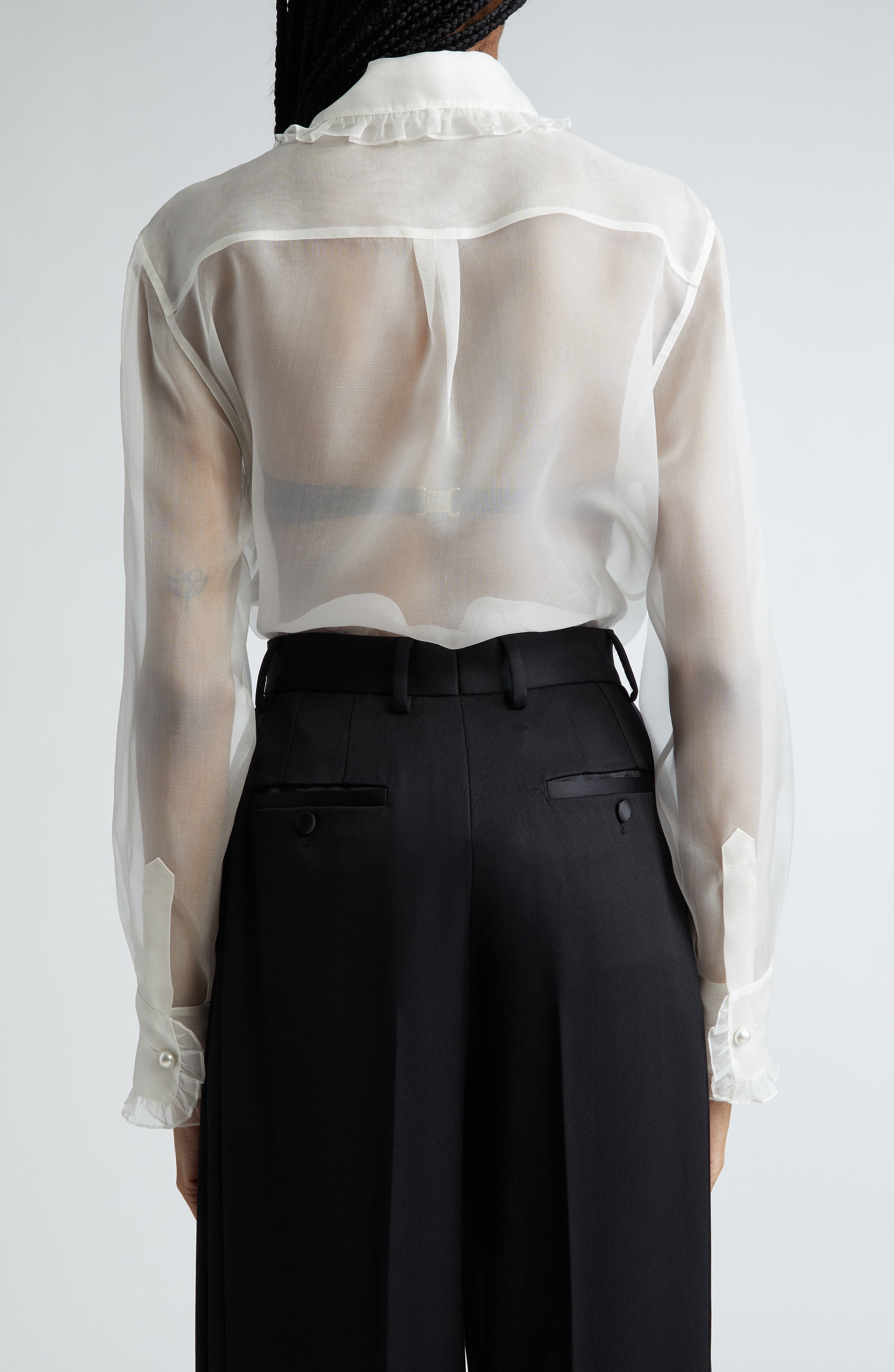 Ruffle Bib Silk Button-Up Shirt - 3