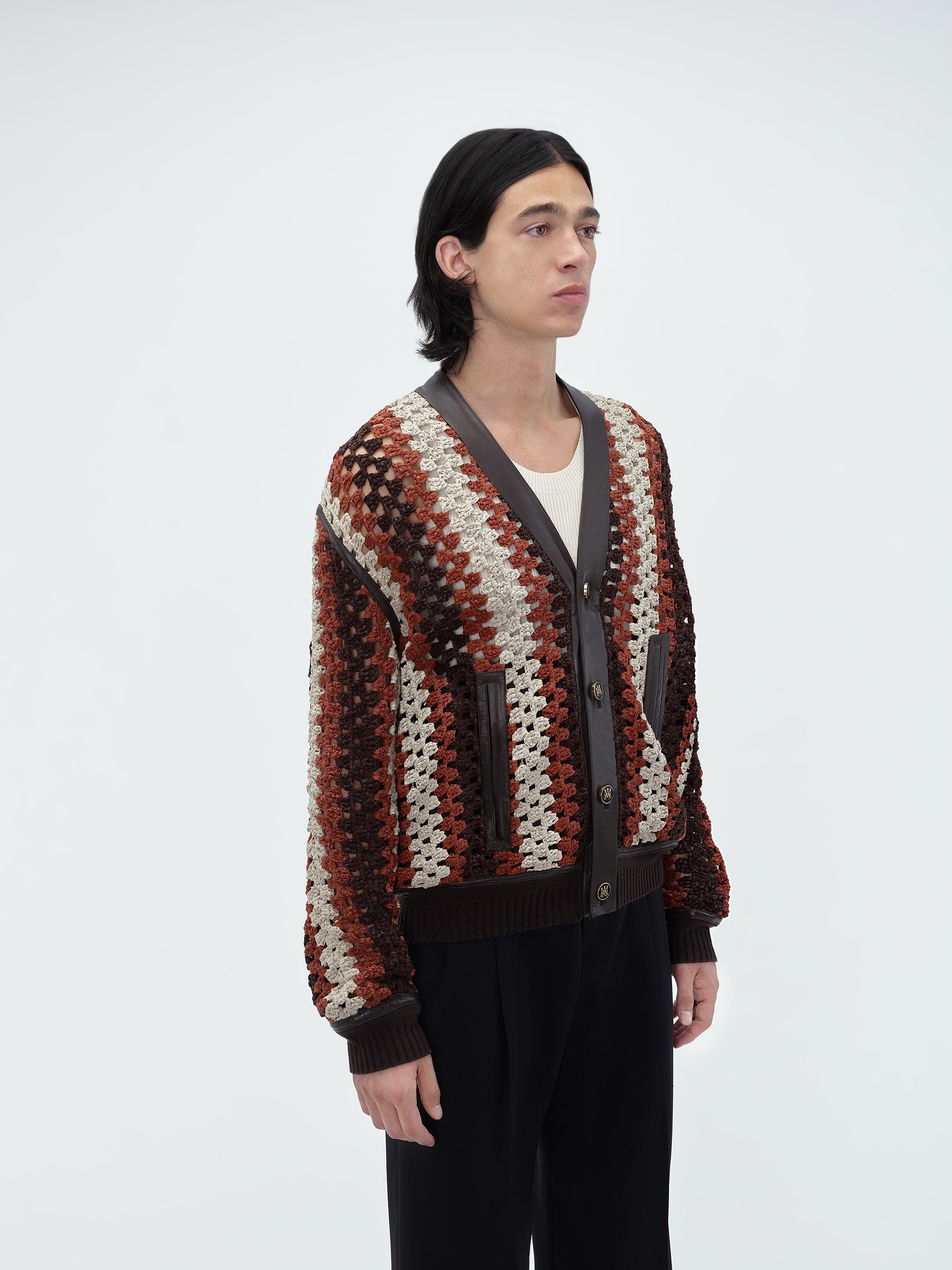 CROCHET KNIT LEATHER CARDIGAN - 4