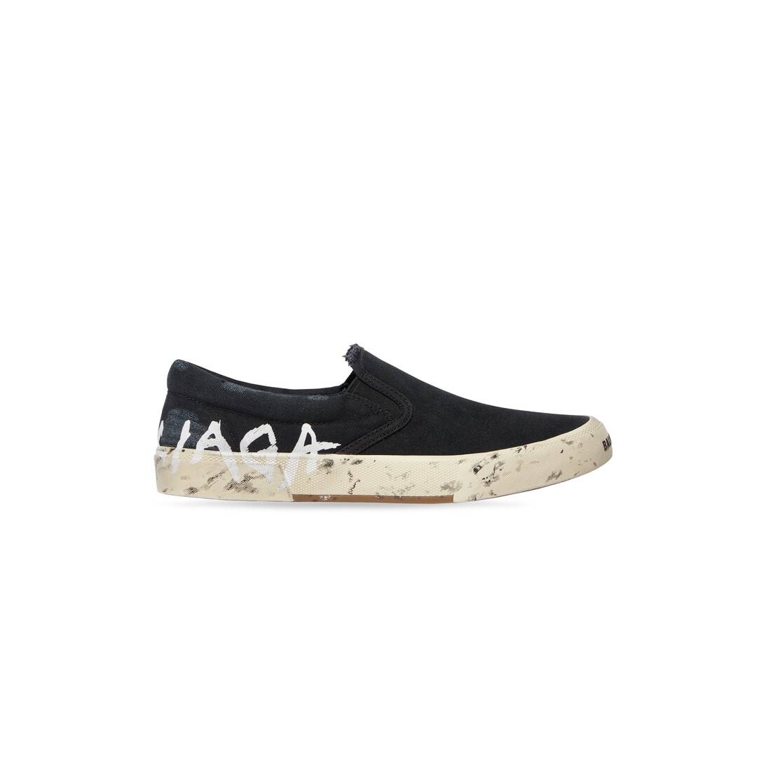 BALENCIAGA Men s Paris Slip On Graffiti Sneaker in Black REVERSIBLE