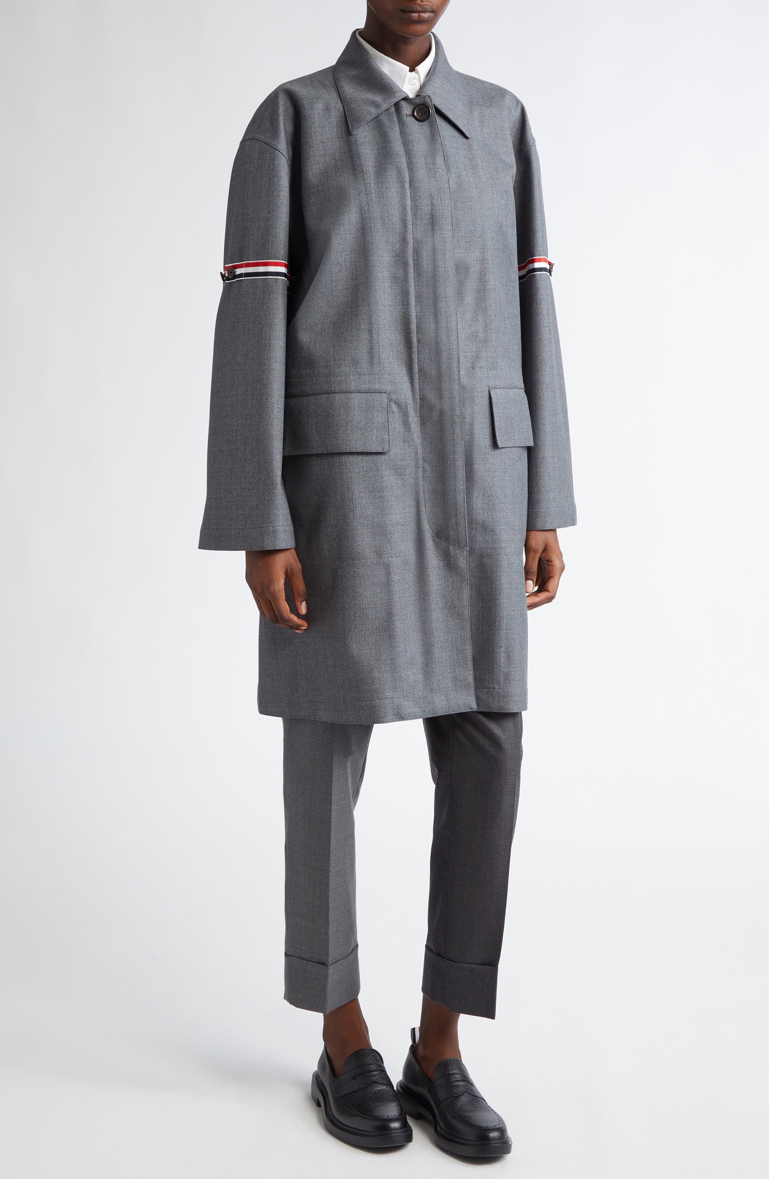 Thom Browne Tricolor Armband Water Resistant Wool Blend Twill Coat in Medium Grey at Nordstrom - 7