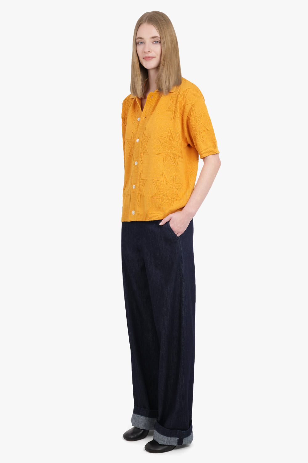 STARFISH JACQUARD HALF KNIT CARDIGAN | ORANGE - 5