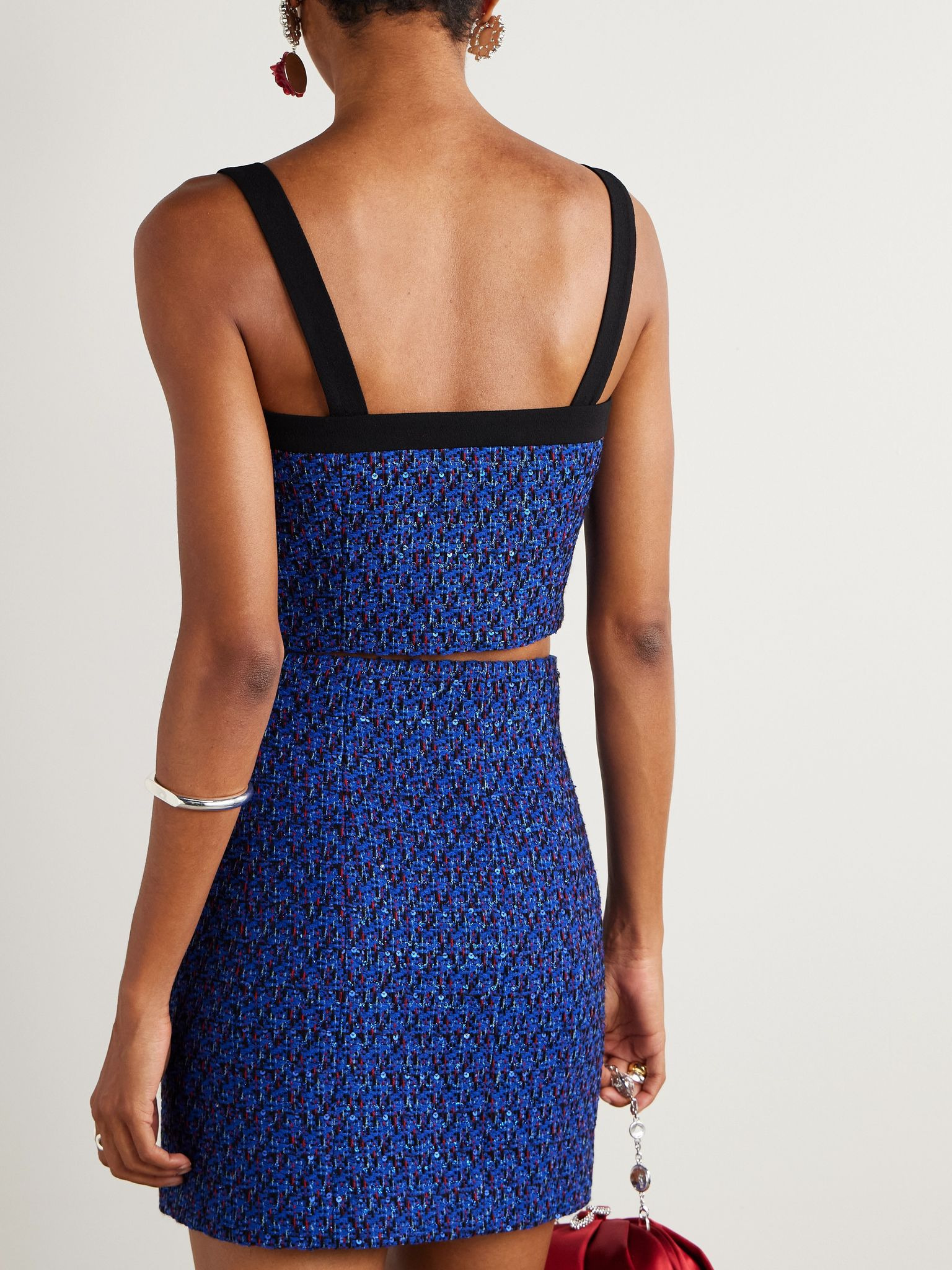 Embellished cropped cady-trimmed tweed top Blue - 3