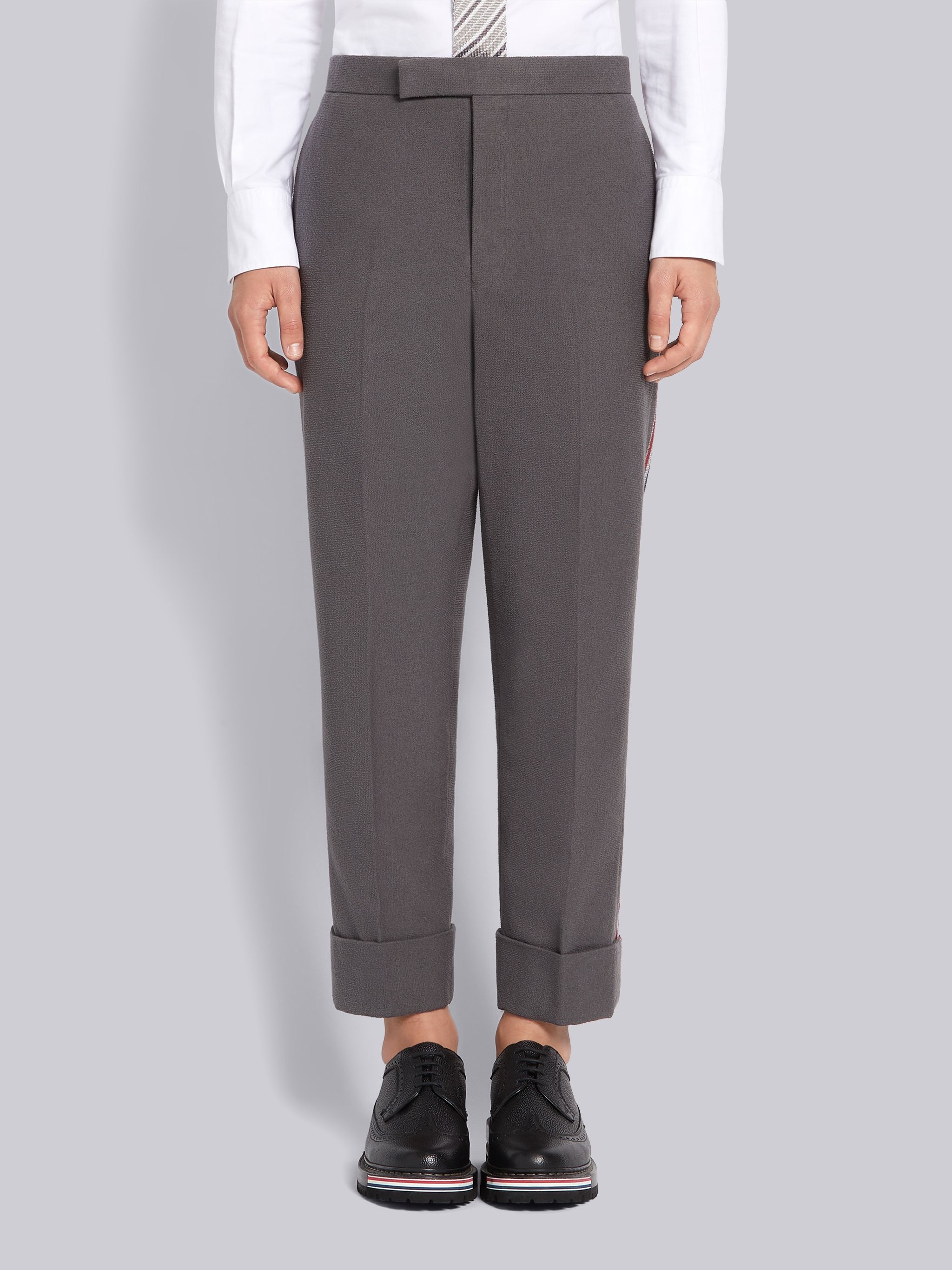 Dark Grey Cotton Boucle Suiting Side Engineered Stripe Classic Trouser - 1