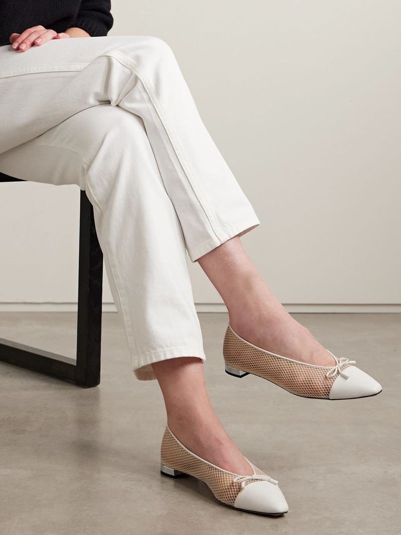 AQUAZZURA Gioia bow-detailed leather-trimmed mesh ballet flats White outlook