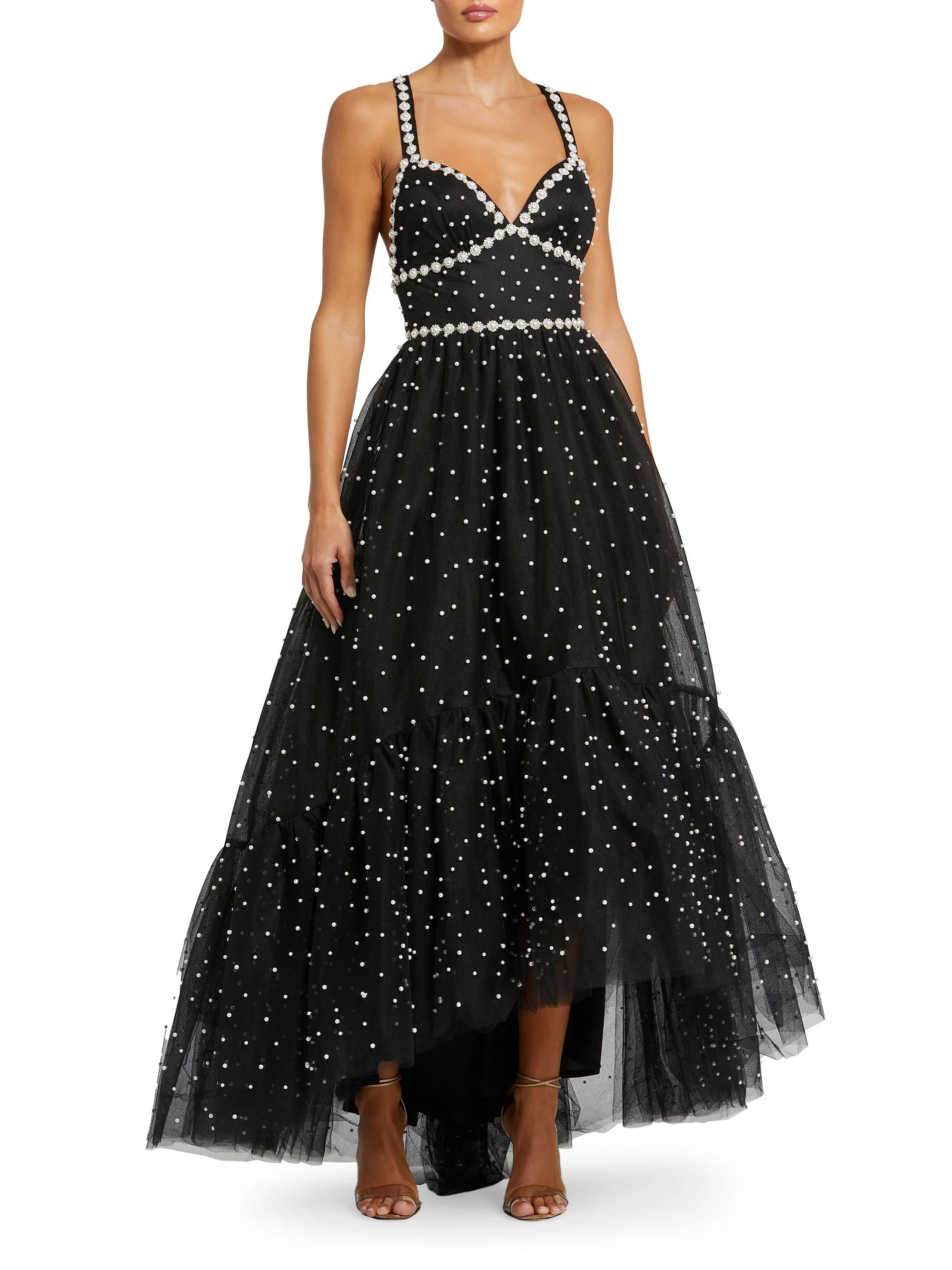 Women's Tulle Faux-Pearl High-Low Gown - Black Ivory - 1