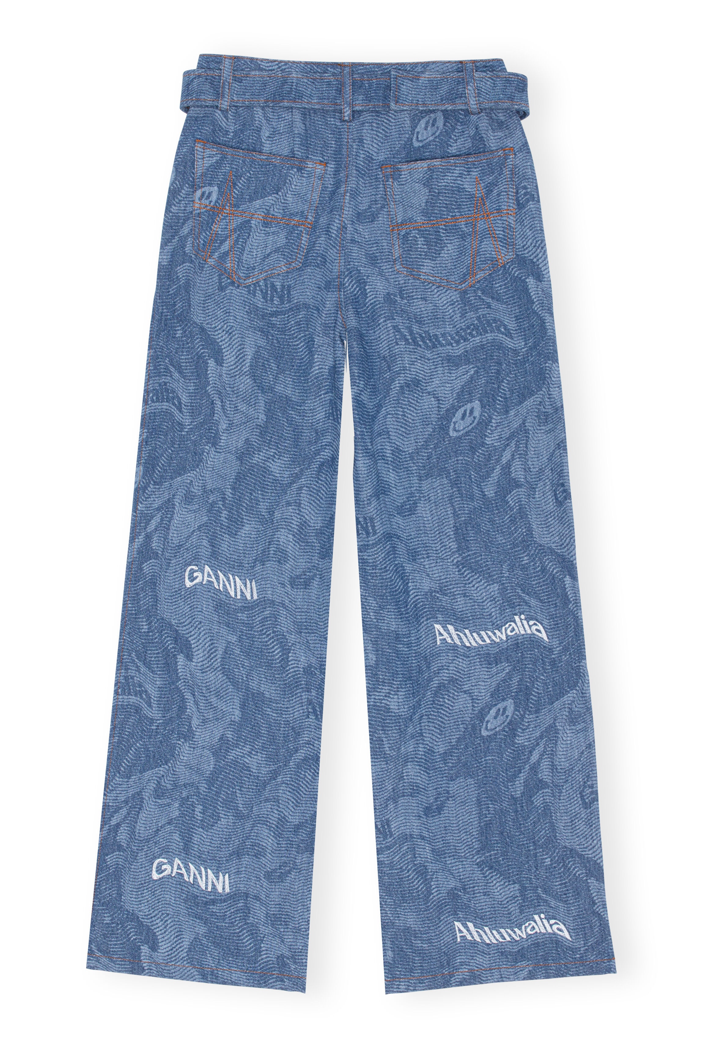 PRINTED LASER DENIM LASER DENIM EMBROIDED MID WAIST BELT PANTS - 3