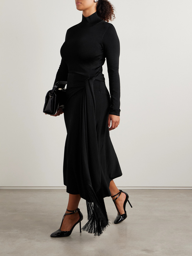 ADAM LIPPES Asymmetric Draped Fringed Stretch-knit Turtleneck Midi Dress outlook