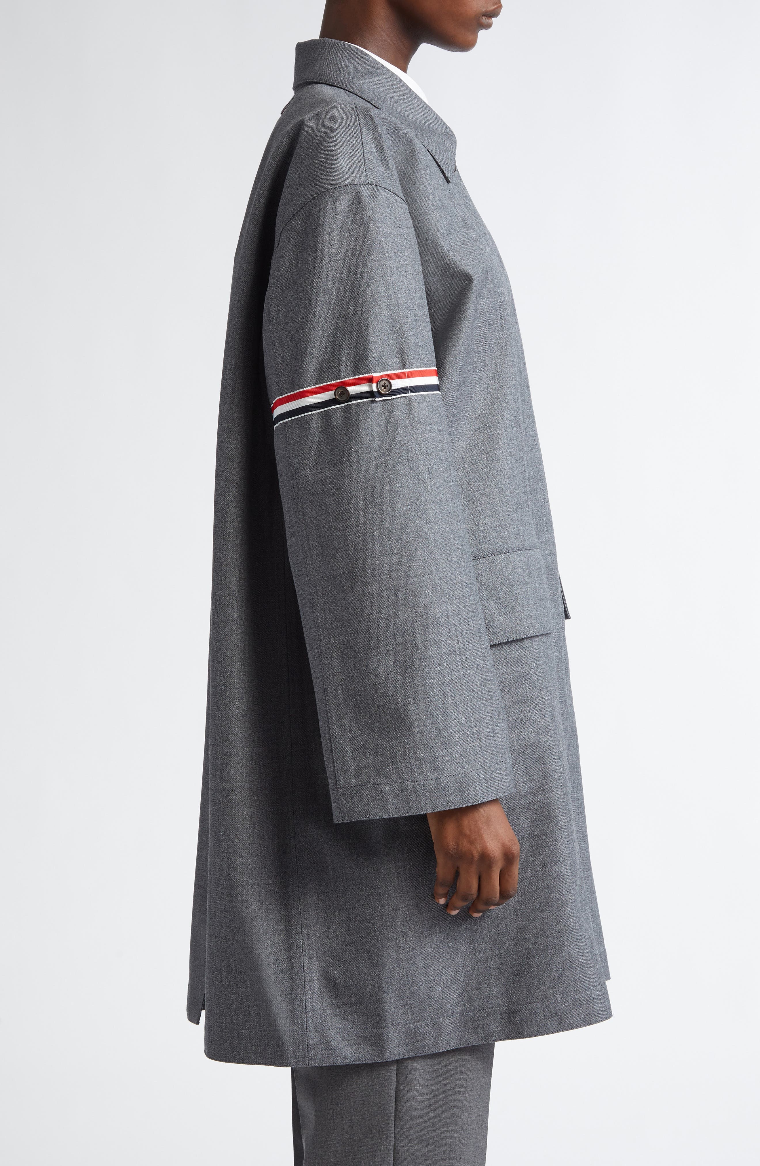 Thom Browne Tricolor Armband Water Resistant Wool Blend Twill Coat in Medium Grey at Nordstrom - 3