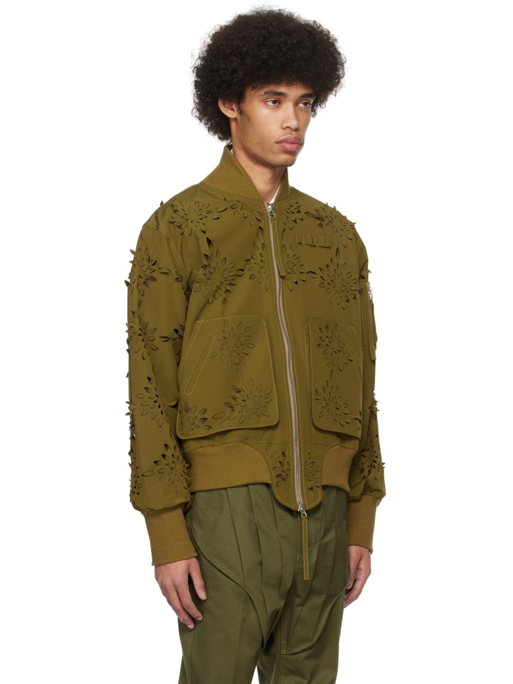 Khaki Laser-Slashed Flower Bomber Jacket - 2