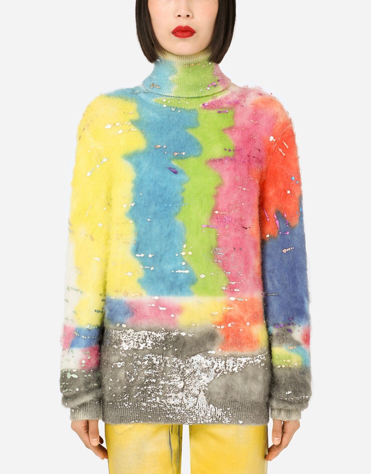 Turtle-neck sweater with multi-colored glitch design - 1