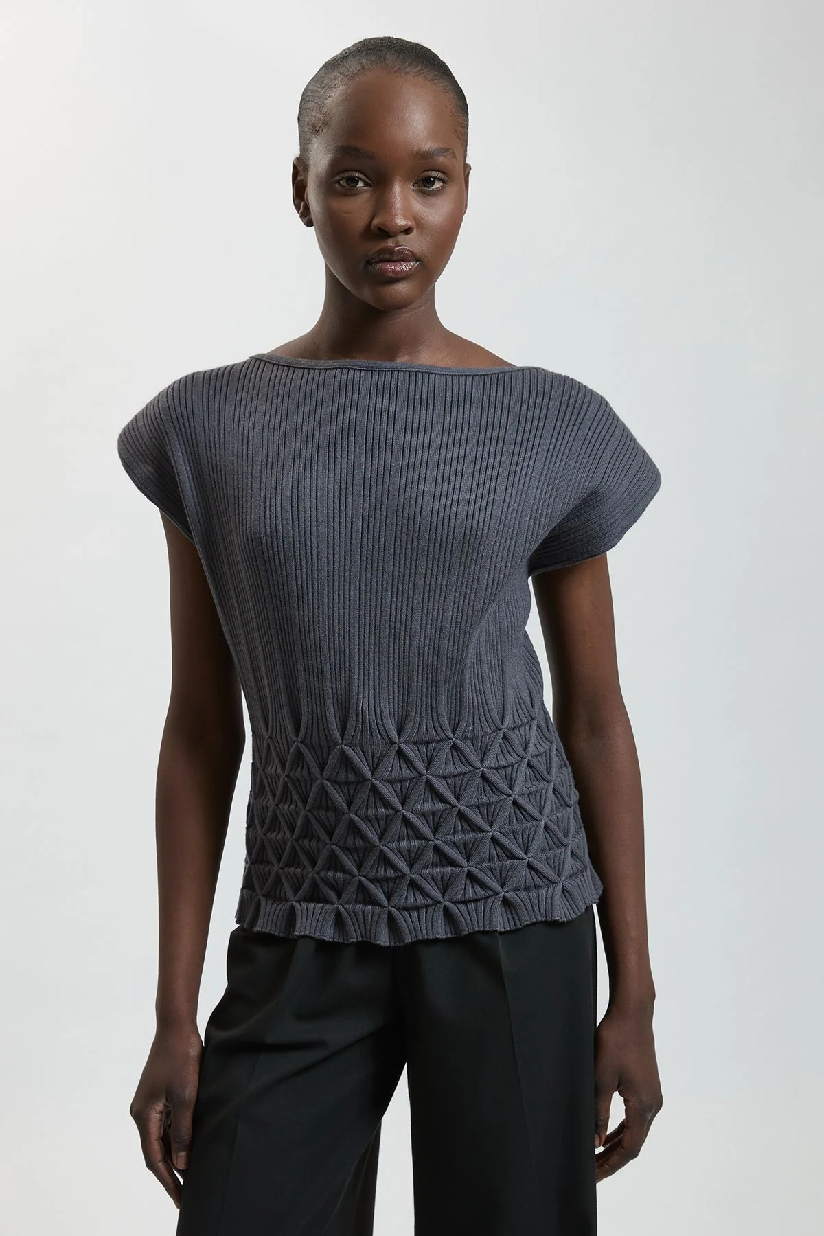 Ribbed Knit Power Shoulder Top With Manipulated Stitch Detail - 1