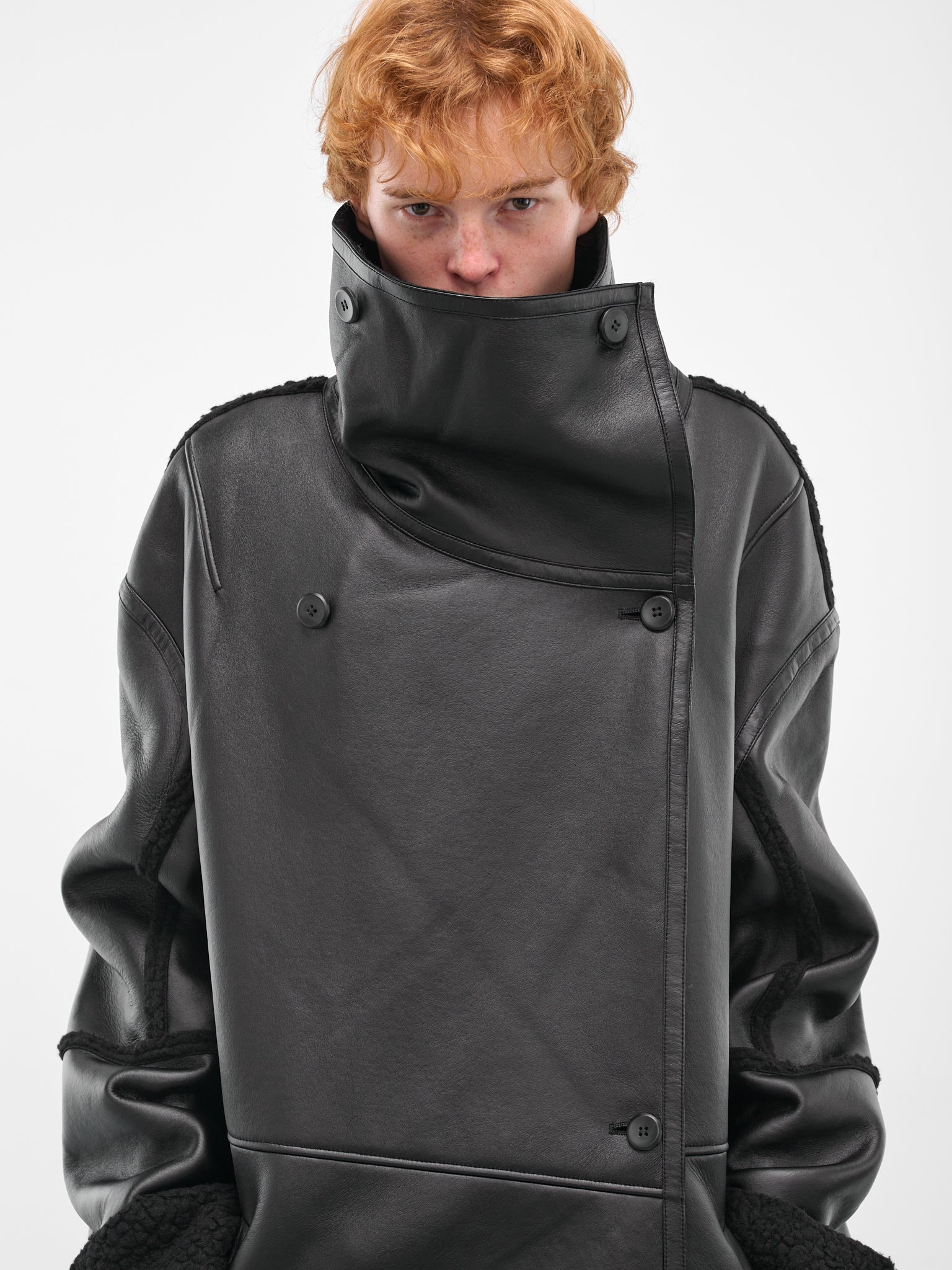 Black Leather Shearling Long Coat - 5
