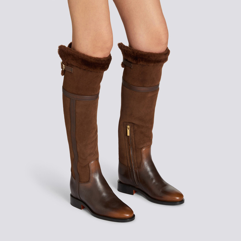 Santoni Women's dark brown leather and shearling boot outlook