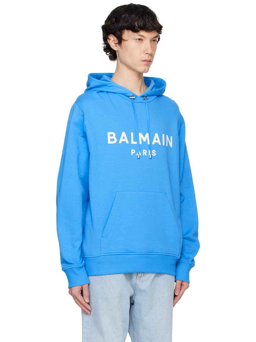 Blue Printed 'Balmain Paris' Hoodie - 2