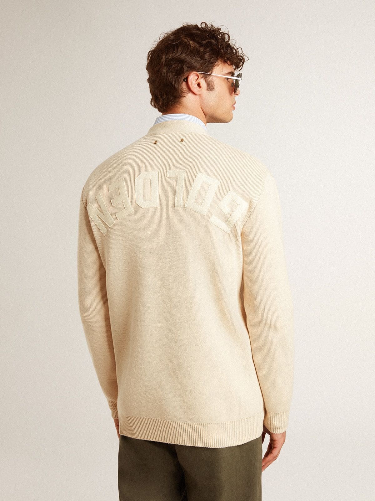 Golden Goose Men's beige cardigan with 'Golden' lettering on