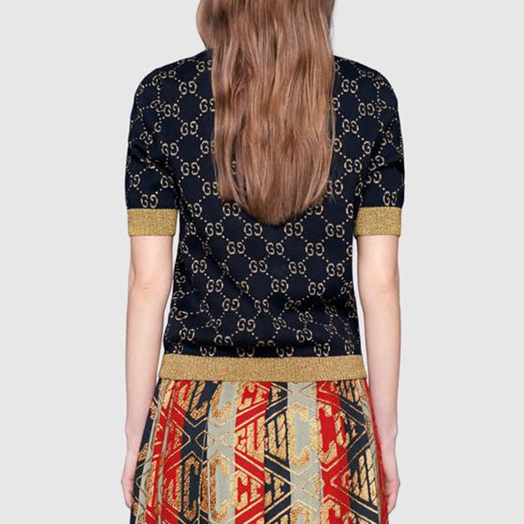 (WMNS) Gucci GG Cotton Silk Short Sleeve Top Shirt NavyBlue 526759-X9W83-4921 - 3