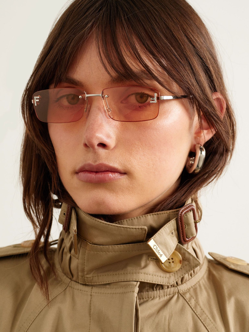 FENDI Fendi First rectangular-frame crystal-embellished silver-tone sunglasses Silver outlook