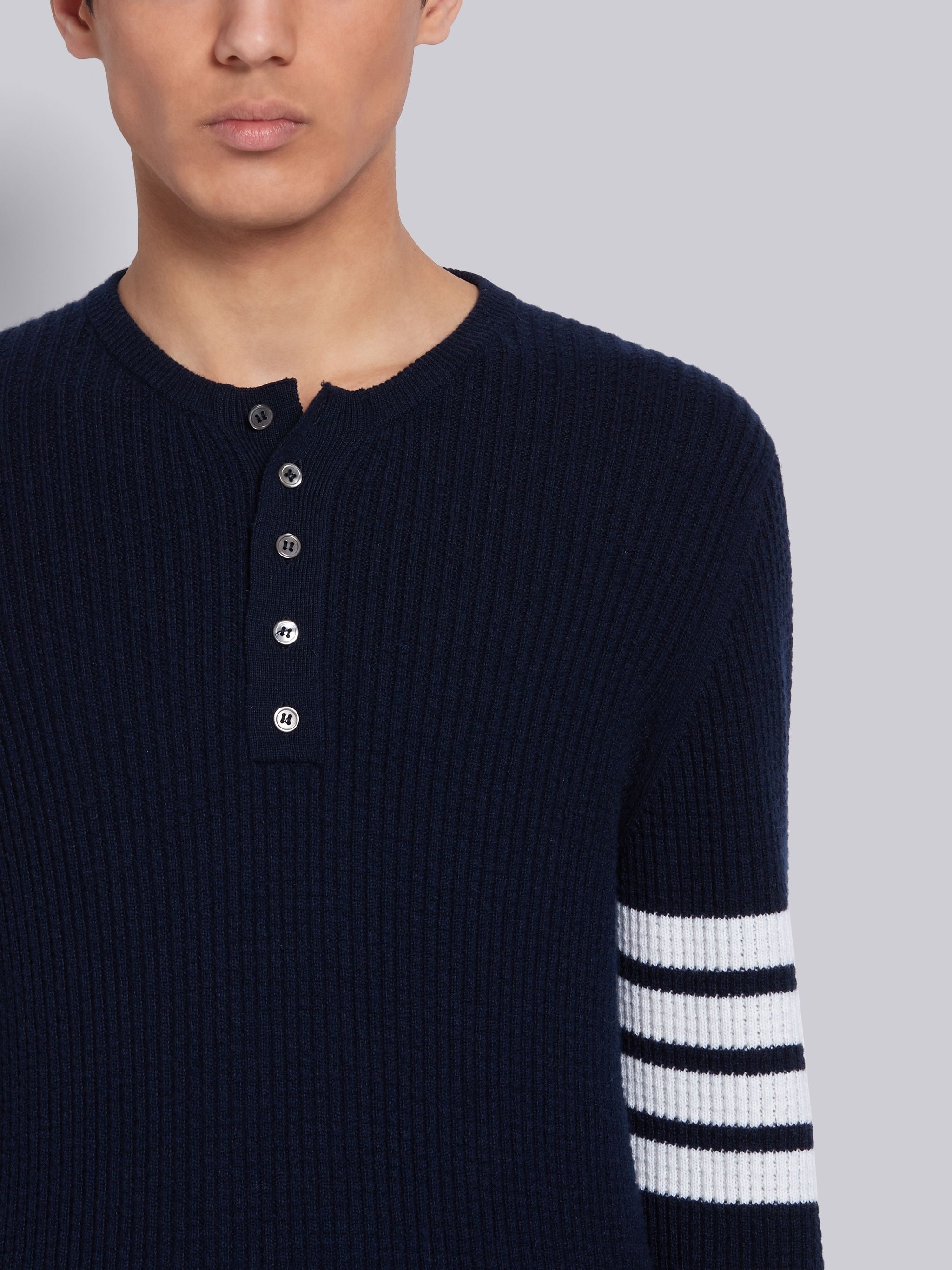 Navy Cashmere Waffle Stitch 4-Bar Stripe Henley - 5