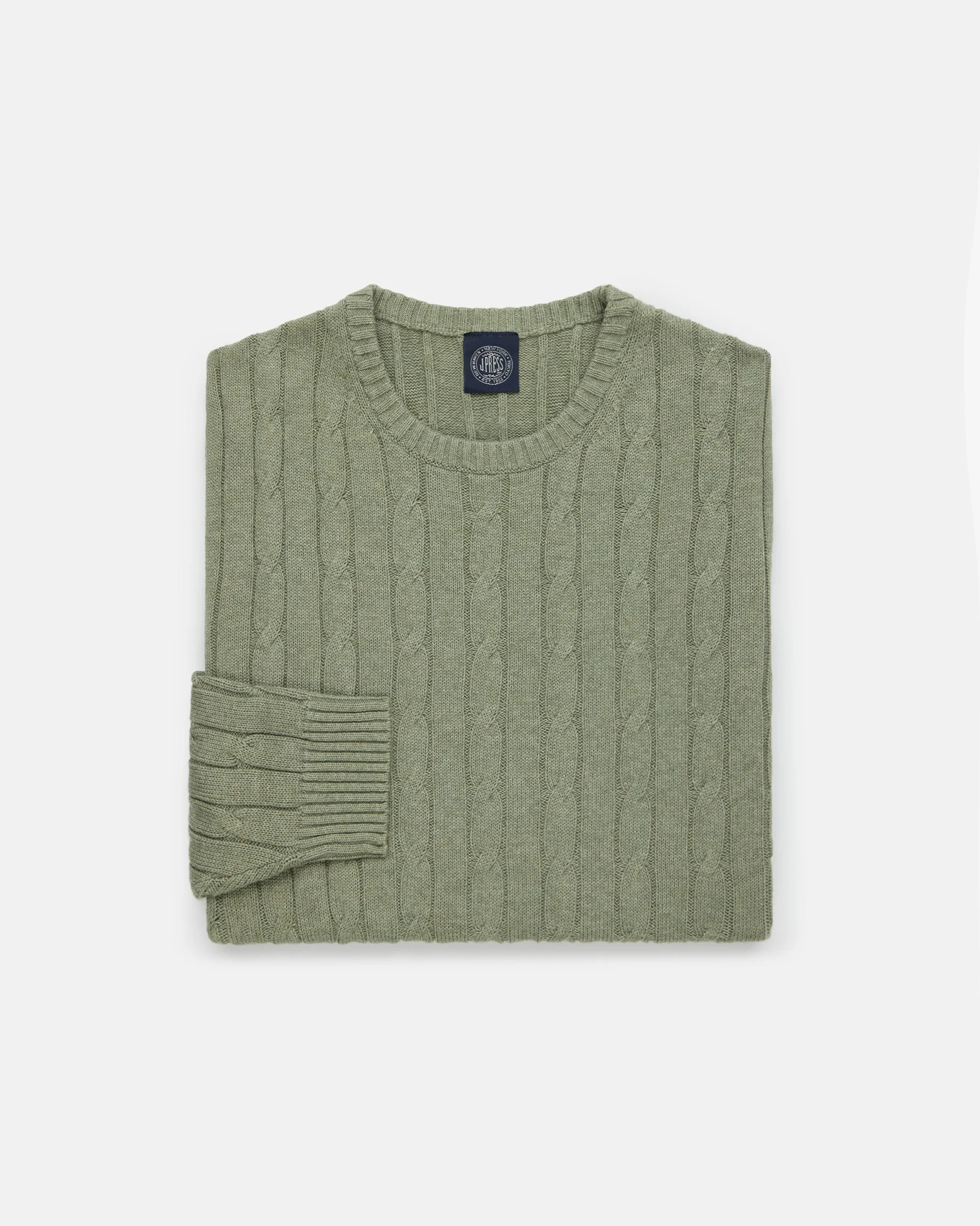 OLIVE COTTON-CASHMERE CABLE CREWNECK SWEATER - TRIM FIT - 1