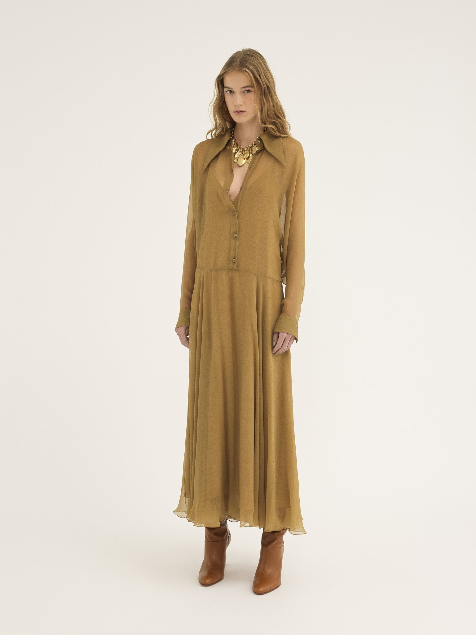 FLUID LONG SHIRT DRESS IN SILK MOUSSELINE - 4