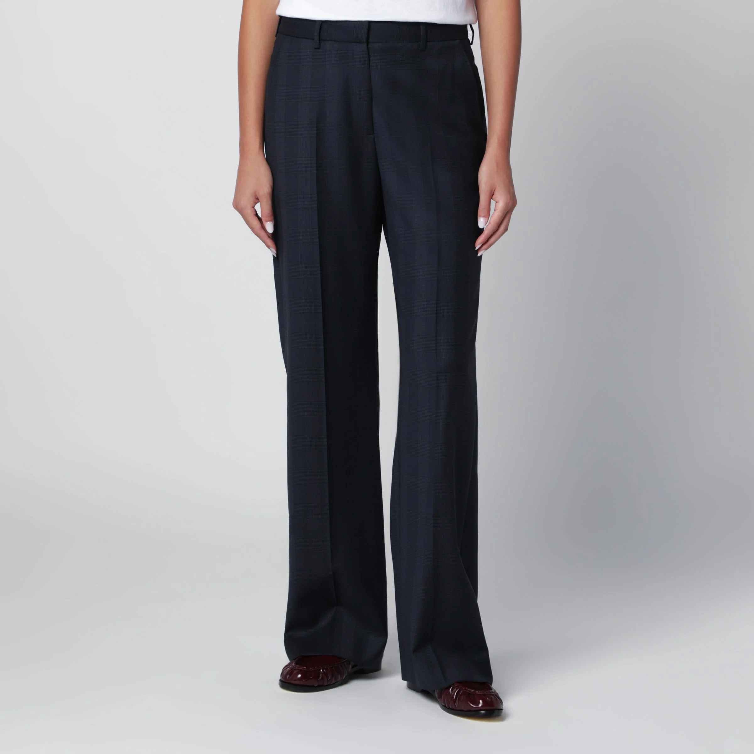 Navy blue Prince of Wales pattern Lundy trousers in wool - 1