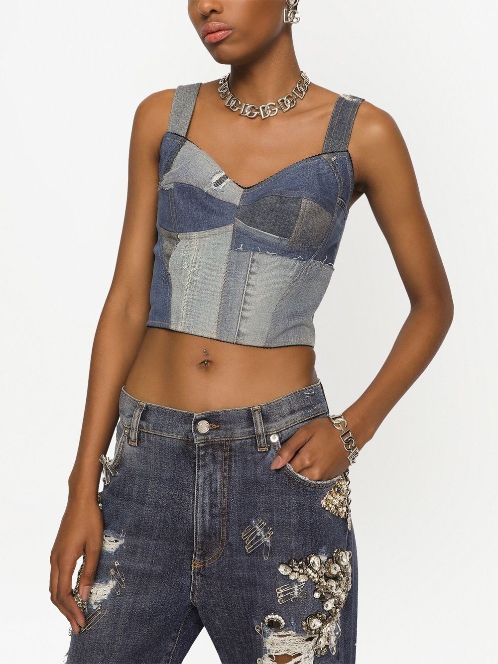 denim-patchwork vest top - 5