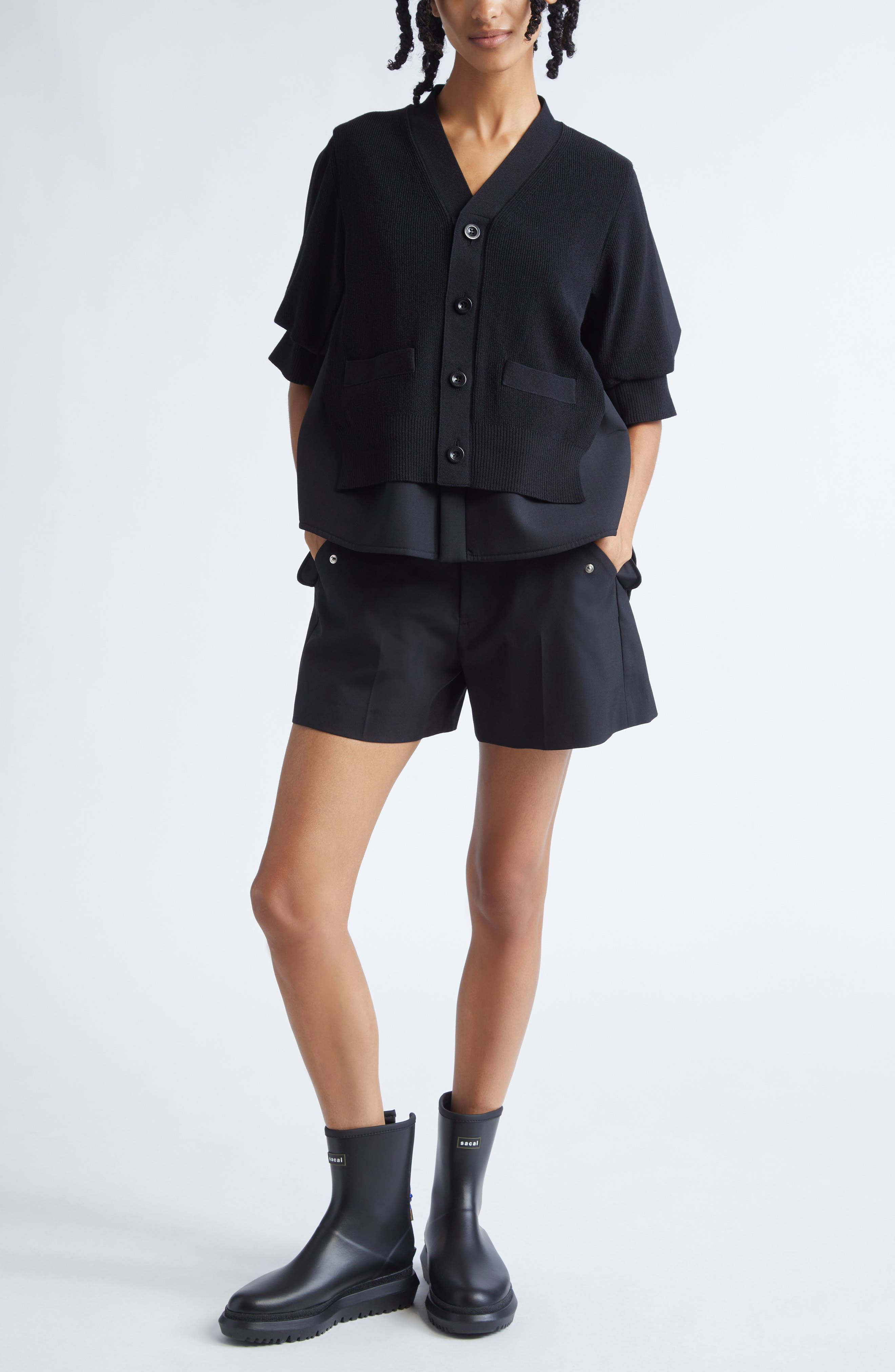 Sacai Suiting Mixed Media Cardigan in Black at Nordstrom - 2
