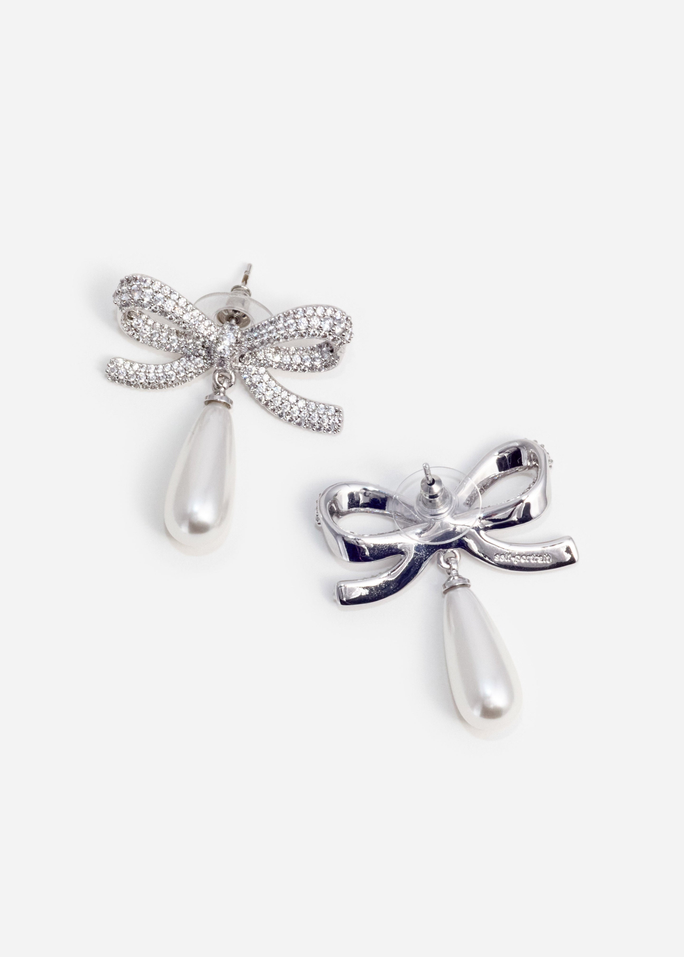 Crystal Bow Pearl Droplet Earrings - 2