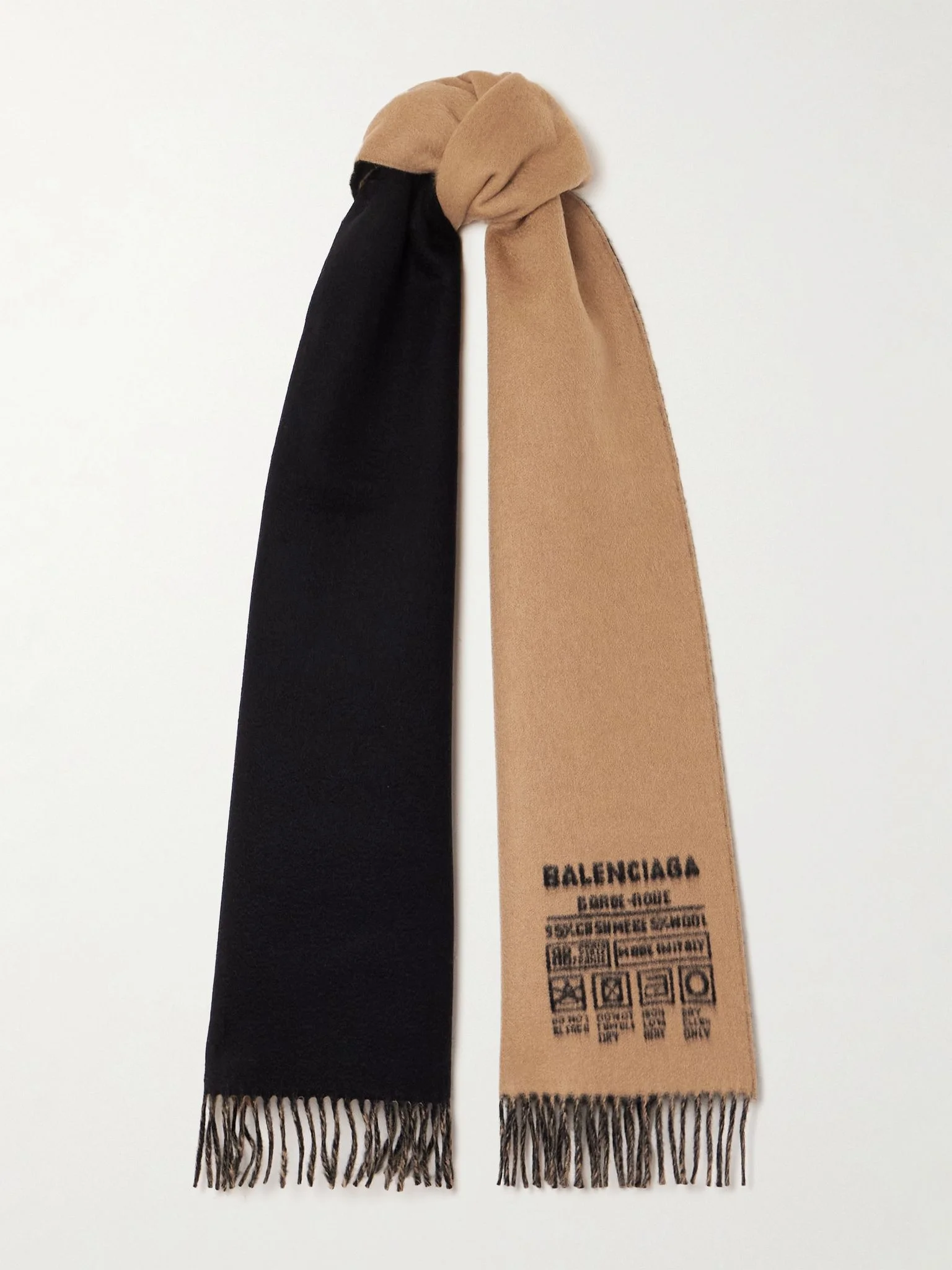Fringed two-tone cashmere and wool-blend jacquard scarf Beige - 1