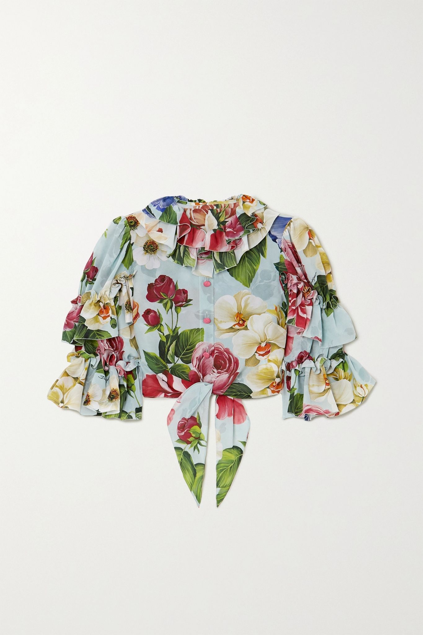 Cropped ruffled tie-front floral-print silk blouse - 1