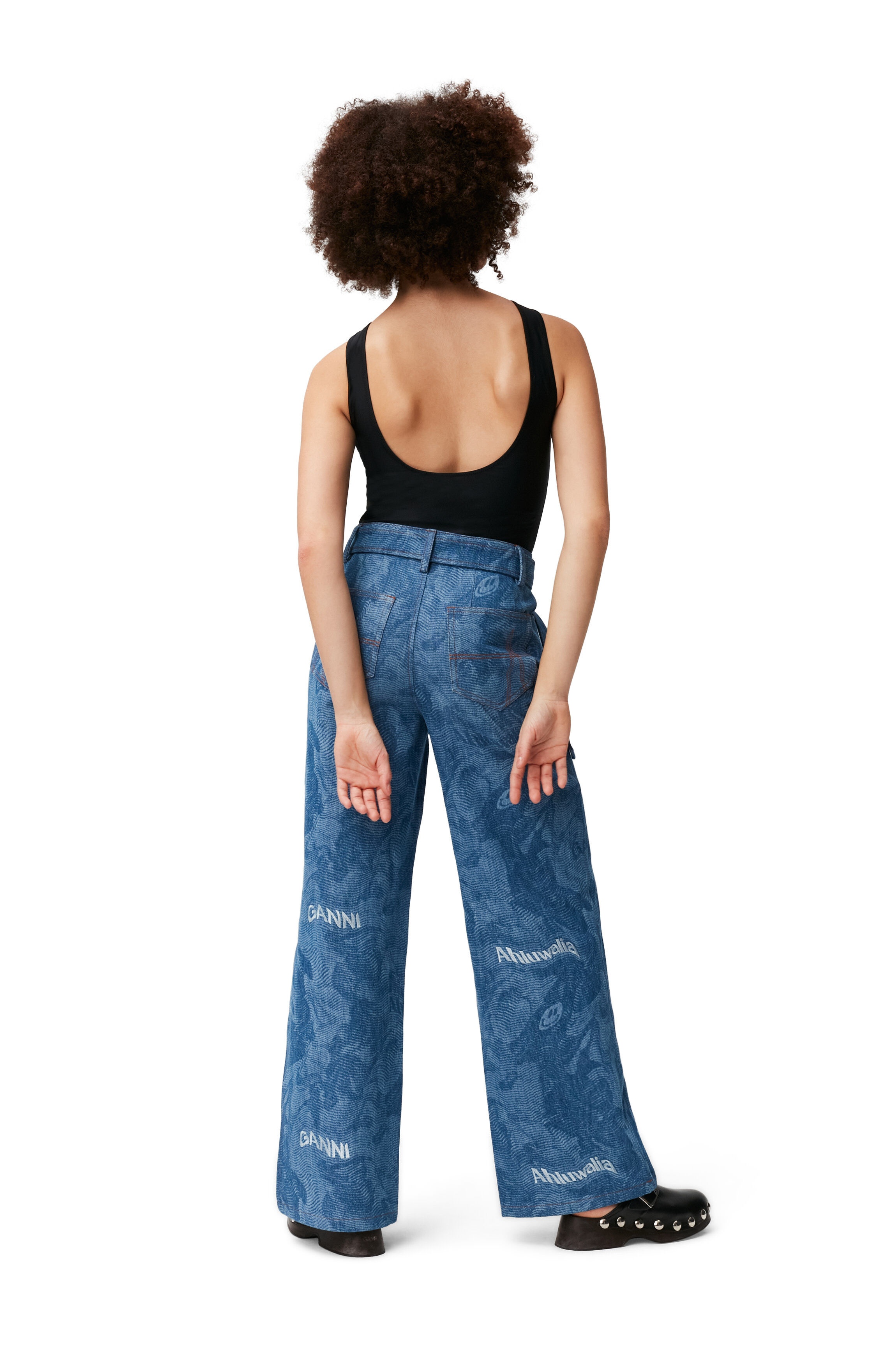 PRINTED LASER DENIM LASER DENIM EMBROIDED MID WAIST BELT PANTS - 5