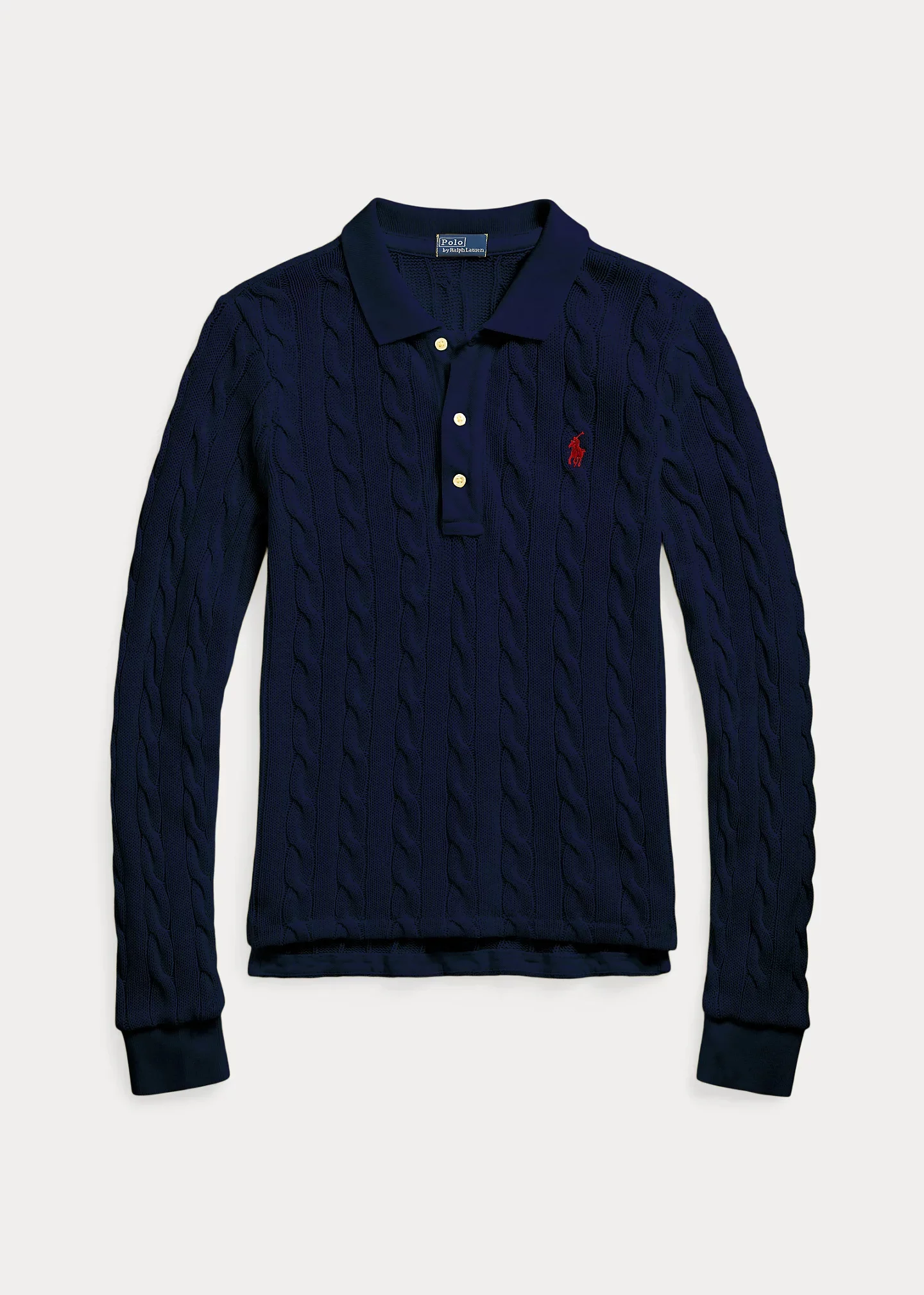 Cable-Knit Cotton Long-Sleeve Polo Shirt - 1