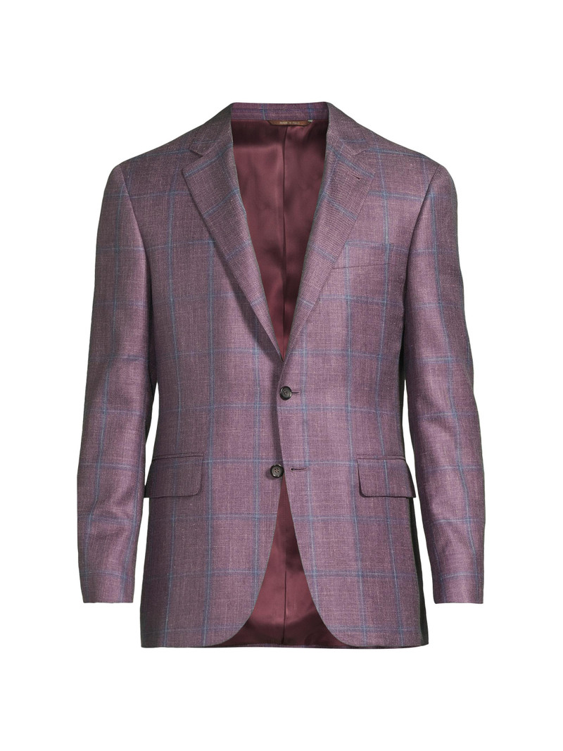 Men's Windowpane Plaid Wool-Silk-Linen Sport Coat - Purple 1
