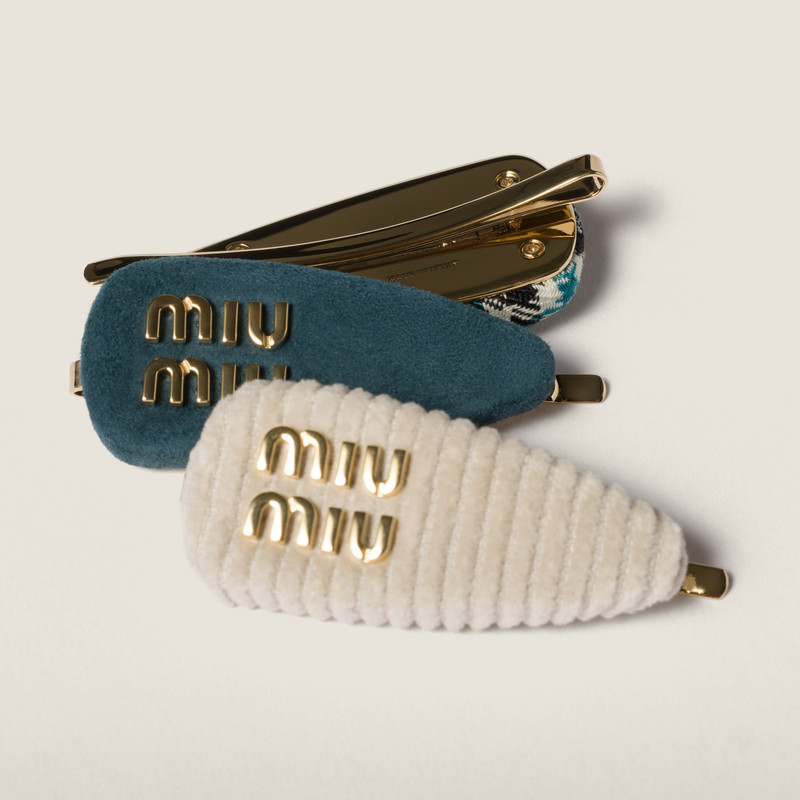 Miu Miu Checked fabric, corduroy and suede hair barrettes outlook