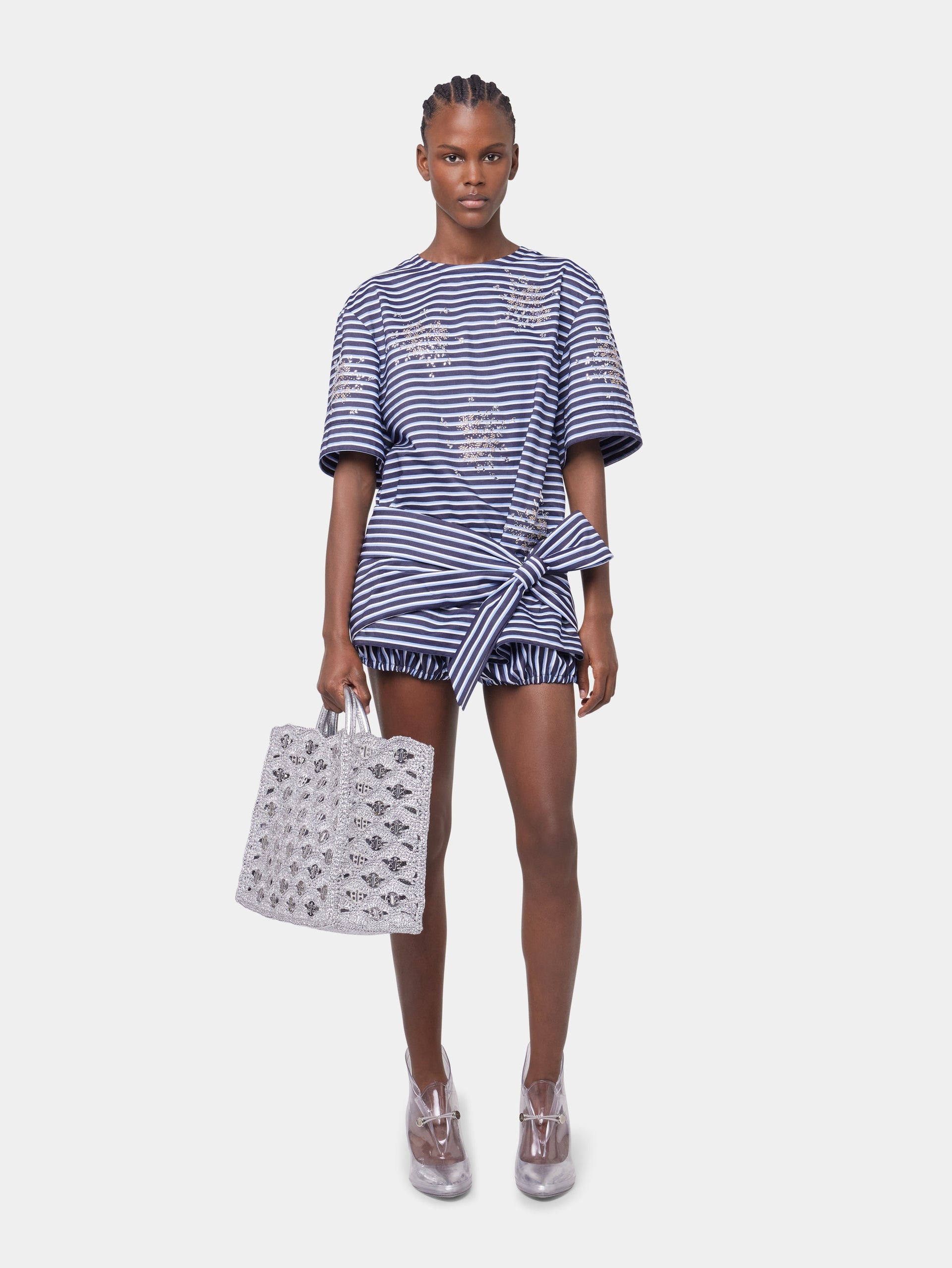 STRIPED WHITE AND BLUE EMBROIDERED TEE-SHIRT IN COTTON POPLIN - 3