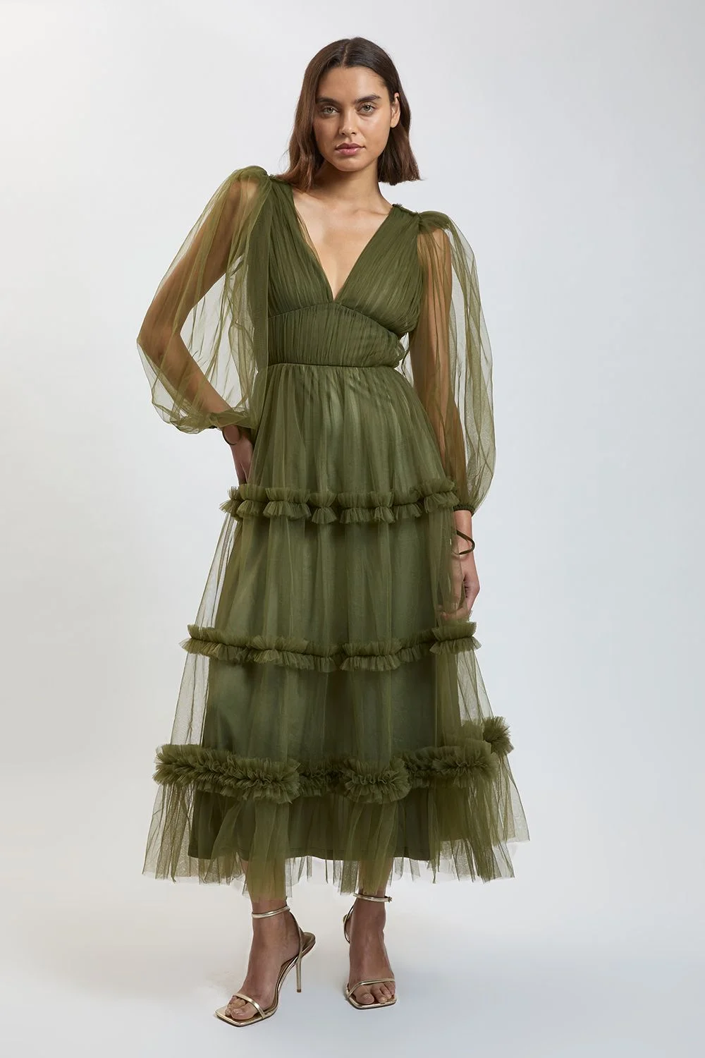 Tulle Balloon Sleeve Plunge Woven Maxi Dress - 1