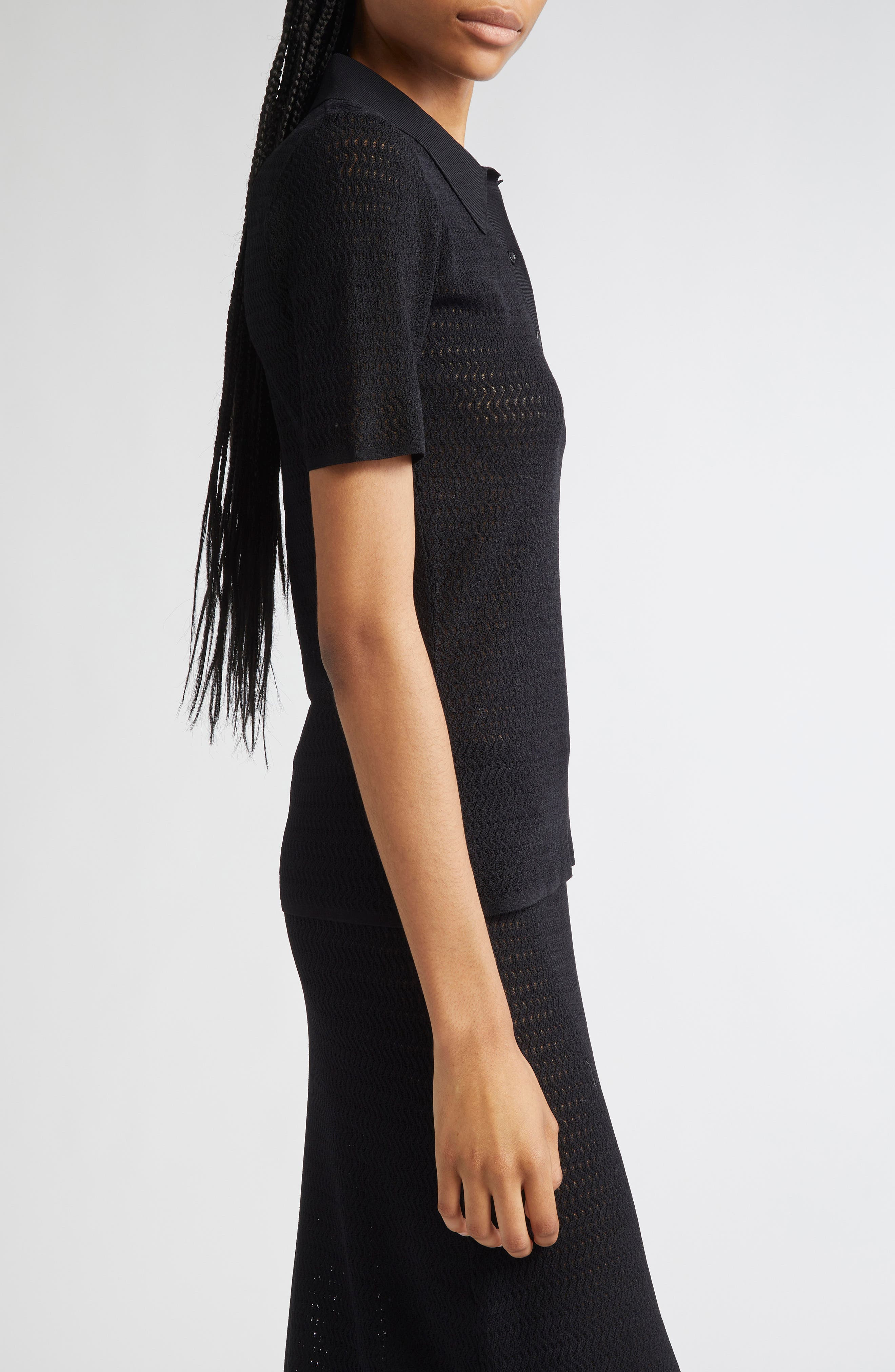 Victoria Beckham Chevron Pointelle Polo Sweater in Black at Nordstrom - 4