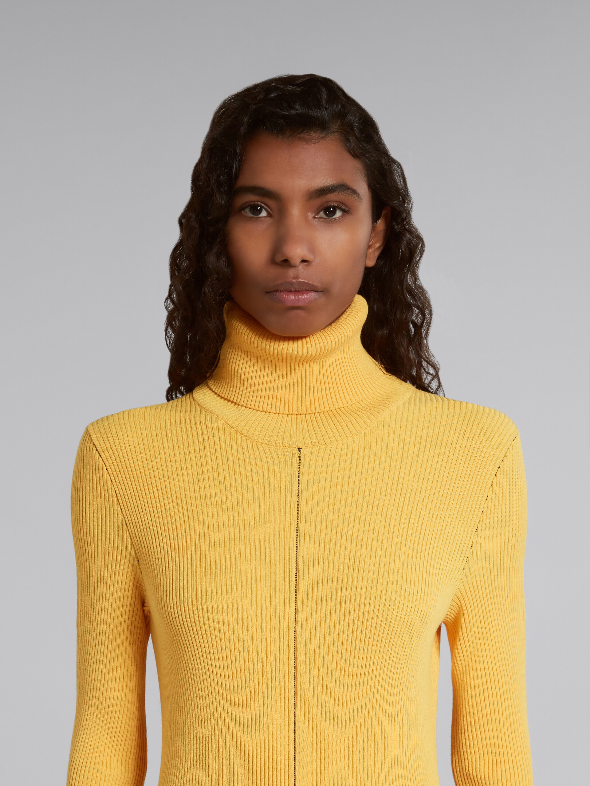 YELLOW RIBBED DRESS WITH TURTLE NECK - 4